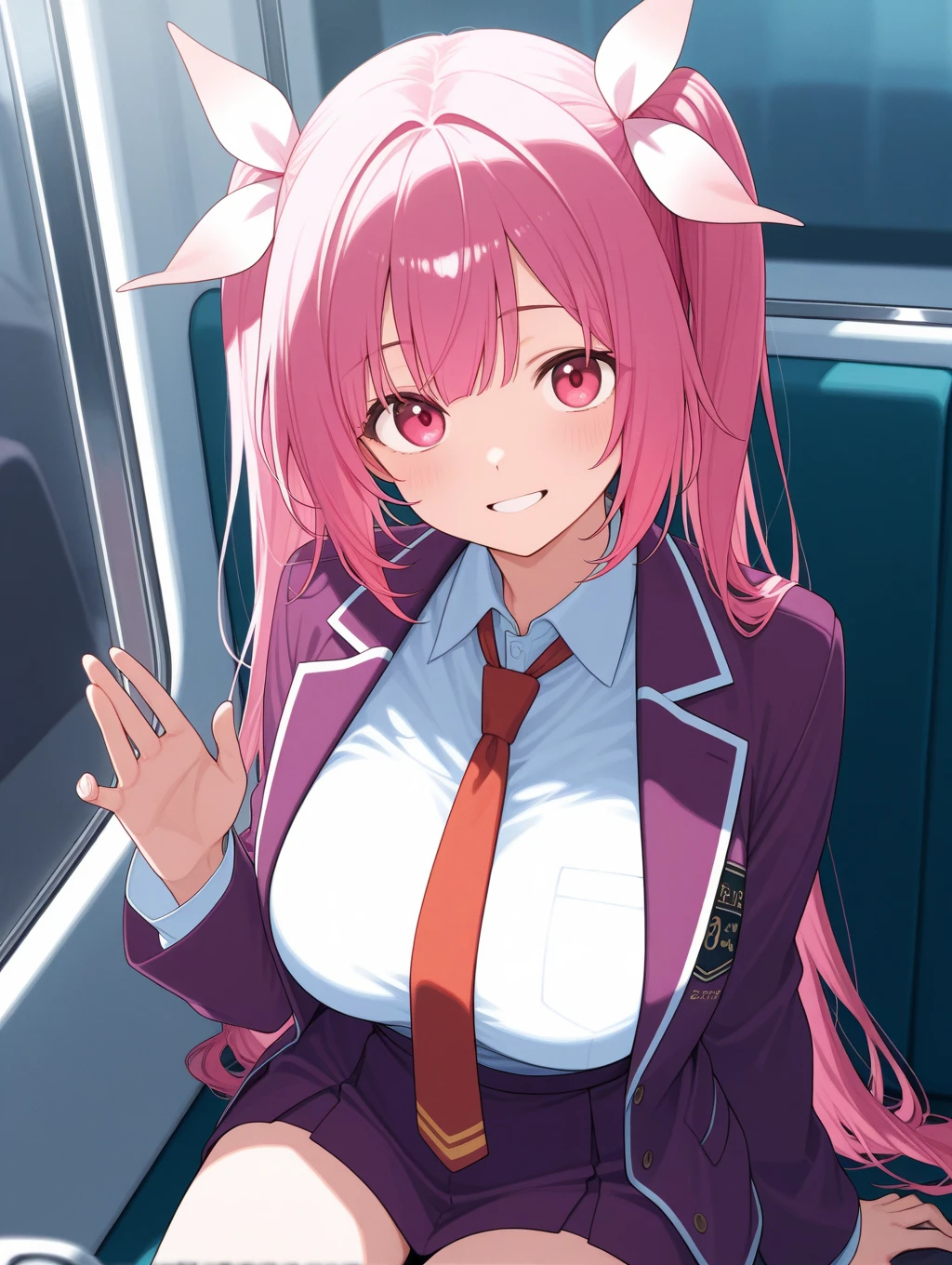 sysdeep_ariane, 1girl, solo, long hair, breasts, cleavage, very long hair, ponytail, yellow eyes, pink hair, sidelocks, day, pointy, elf, indoor, office, office suit, formal, <lora:Ariane Glenys Maple - [Skeleton Knight in Another World] - XL Version 1-000008:1>