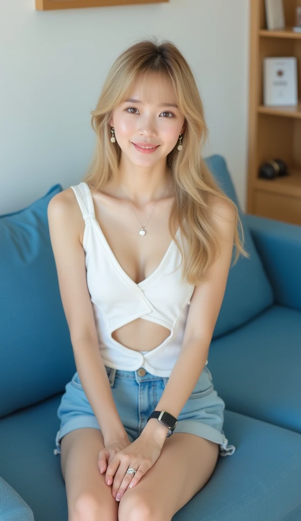Portrait、School uniforms、Bright expression、ponytail、Younger, brighter, whiter skin、Gloss Face、Cheek gloss、Best Looks、Blonde reflection、Platinum blonde hair with dazzling golden highlights、shiny bright blonde hair,、Super long, silky straight hair、Shiny beautiful bangs、Very beautiful bright pale blue eyes、Big eyes、Perfect beauty、Ample breasts、Mini dress、Sexy big boobs，15 year old beautiful girl looks sexy and cute＆Cute beautiful sexy face、美しい and sexy face、A strong wind blows my hair in front of my face、Cute and sexy eyes hidden behind long bangs、Eyes welling up with tears、Mini dress、