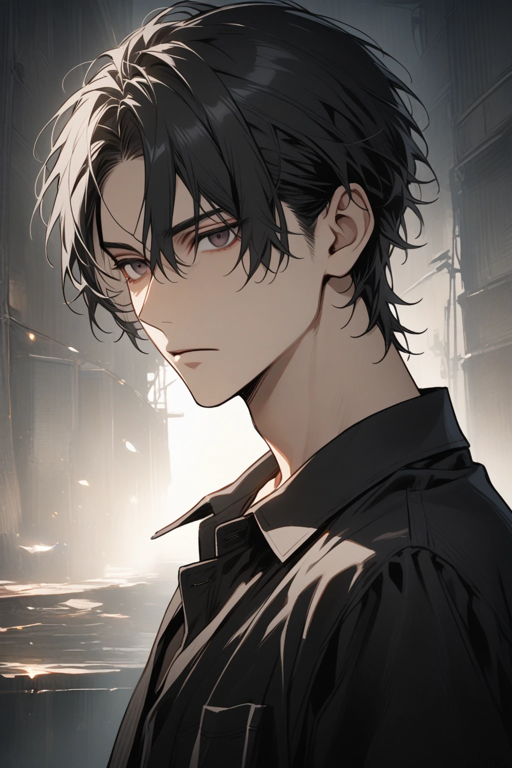 Man, handsome, short black hair, dark eyes, shirt, expressionless