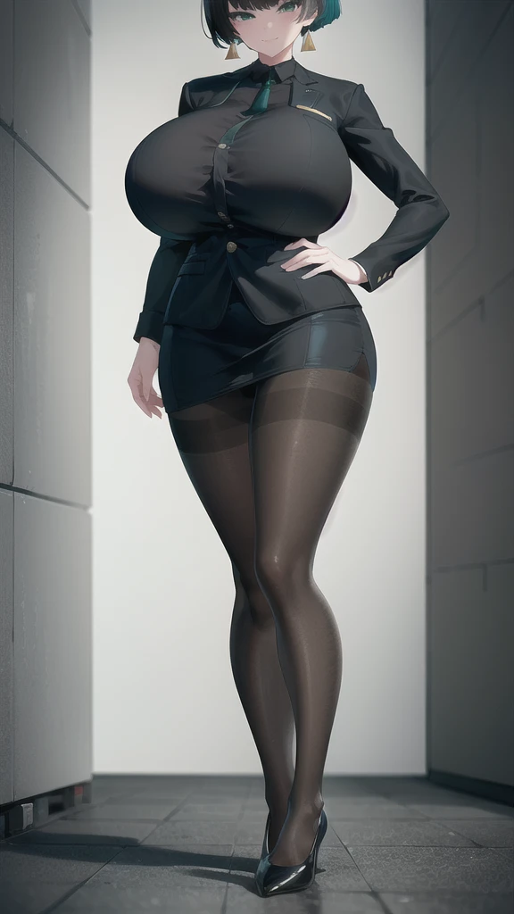 SFW, (Matte texture), bend over, 1 Secretary to support the viewer, ALLMIND, smug, naughty smile, (black hair), (short bob), earring, (green eyes), (tall and slim), (sensual body), (stocky build), (gigantic huge breasts), (extremely thick thigh), gigantic huge hip, narrow waist, (business suit, black shirt, Fastened buttons, tight skirt:1.2), (Pantyhose:1.5),  (cyberspace background), masterpiece, high quality, high detail