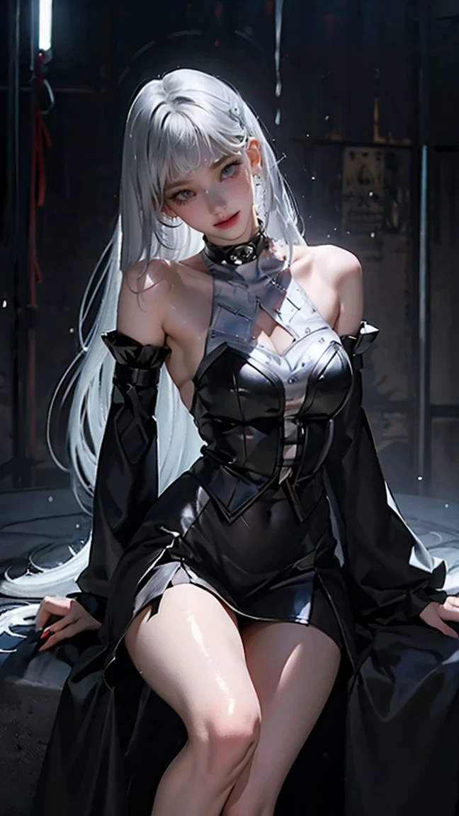 photorealistic, high resolution, 1women, solo, hips up, look at viewer, (detailed face), white hair, long hair, black reverse bunnysuit