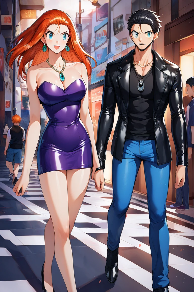 mikami_reiko, green eyes, (((orange hair))), long hair, forehead, earrings, necklace, cleavage, bare shoulders, (((Black leather jacket))), latex purple dress, short dress, strapless dress, tube dress, With a Young men, short hair, (((Black hair))), (((blue eyes))), Goatee, muscular body, white slavelees loose shirt, black vest, blue jeans, black shoes, a Happy couple in love,walking together hand in hand, on the night.