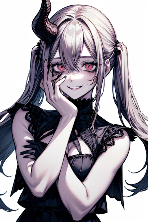 (masterpiece:1.2, Highest quality), (Actual Photos, Intricate details), (1 female, alone, Upper Body, Small breasts) ，bandage、Blood、whole body，Clothes：Black underwear：Shave your head、Long Hair、、Black Hair、Twin tails、（（（Dark circles under the eyes）））、Pale skin、I feel unwell、Wicked Smile、Crazy Eyes、（Grin）Dramatic makeup，Create mixed media art、White Background