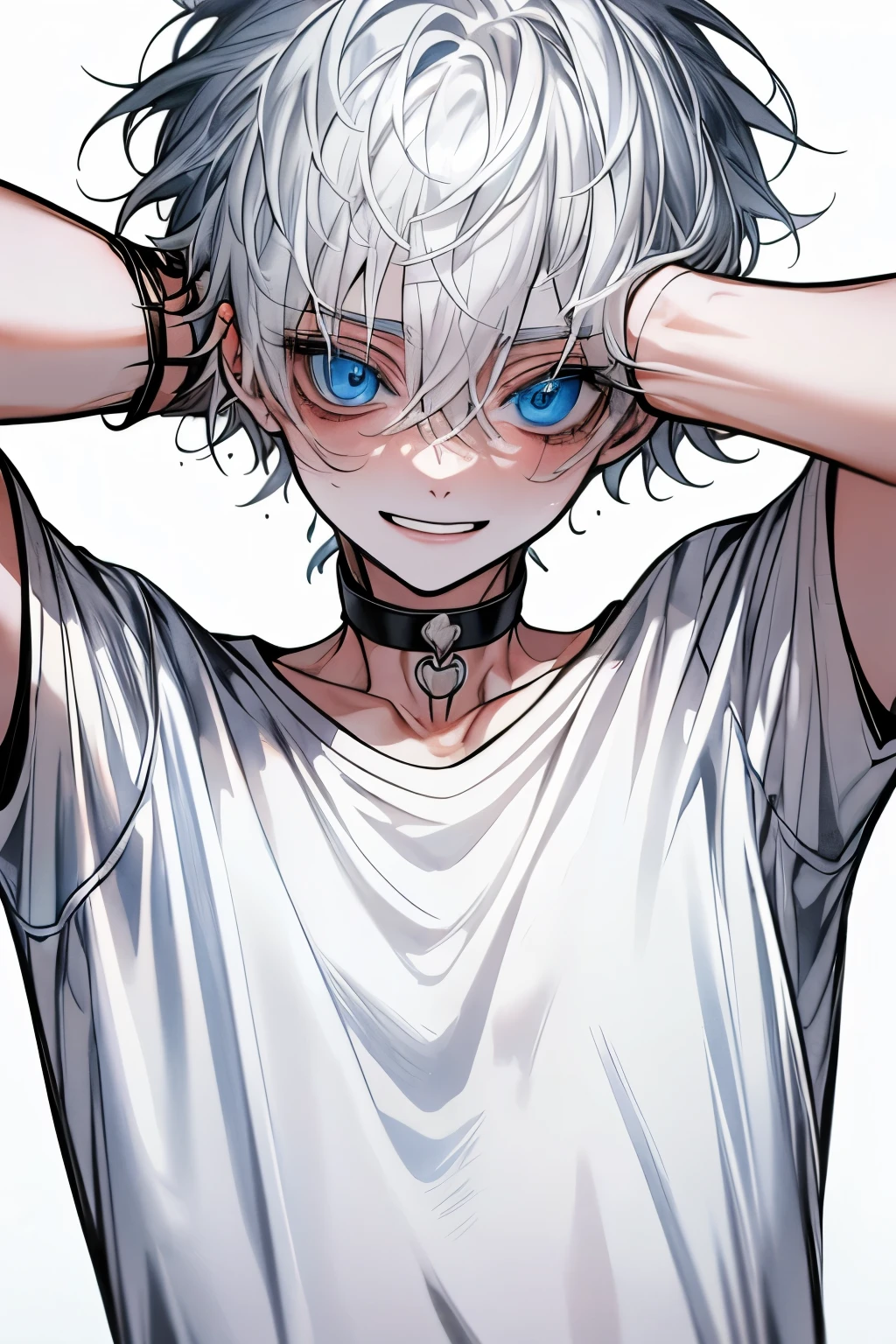  Top Quality, masterpiece,  high resolution, 8k, male,  white hair, sky blue eyes , White T-shirt,  white background with nothing,  smiley face,  black choker inside the lab, sweat, bands 