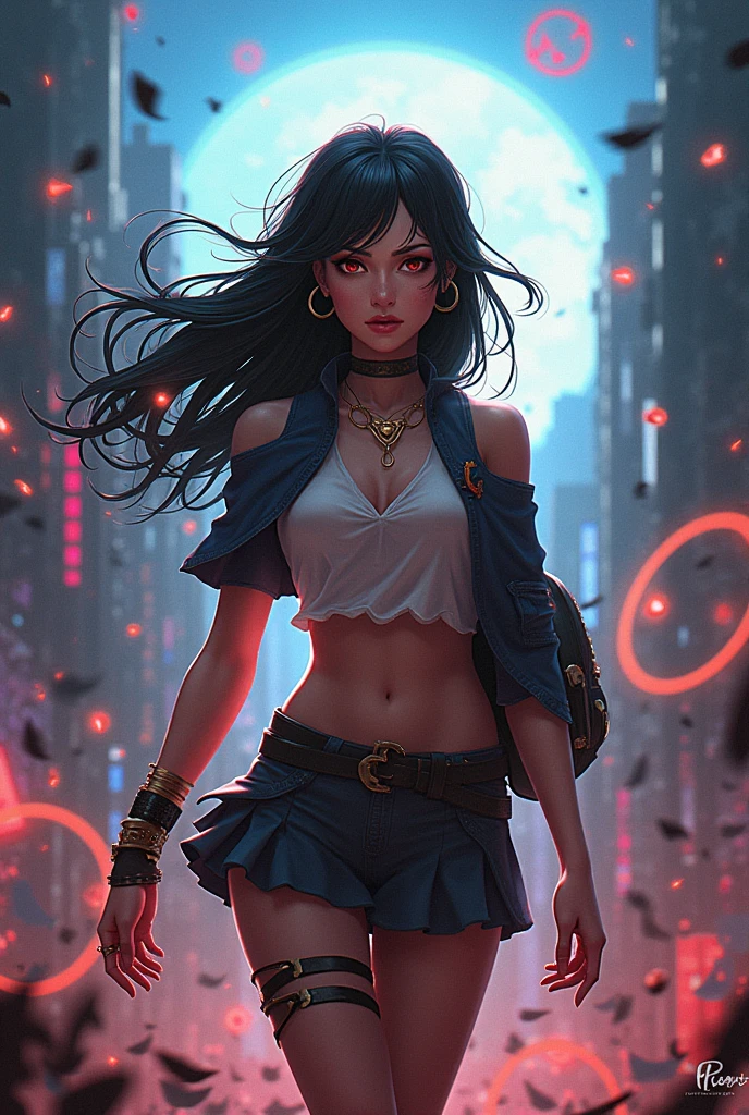 8k_wallpaper, extremely detailed eyes, extremely detailed body, (large masterpiece digital art), (detailed manga illustration), (detailed line art), ((perfect anatomy)), (intricate details:1.3), (ultra-detailed:1.3), (illustration:1.3), (sharp focus:1.3), (natural lighting:1.05), (vivid colors:1.3), (masterpiece), best quality, expressive eyes, perfect face, 1 girl, breasts, cleavage, gloves, huge breasts, casual clothes, white shirt, tee shirt, denim jacket, jacket, fur trim, detailed {{blue hair}}, medium hair, messy hair, (gray eyes), hourglass physique, black short, denim shorts, dynamic pose, huge ass, dynamic lighting,