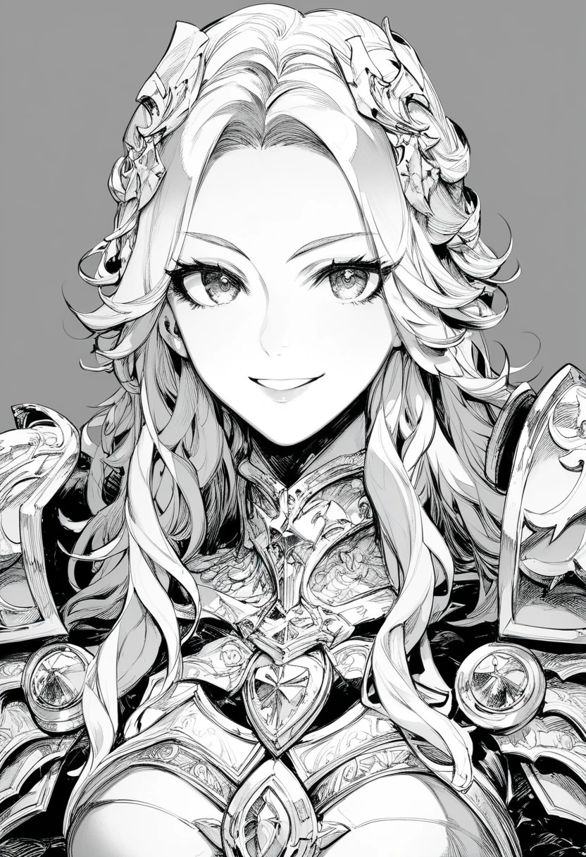 score_9, score_8_up, score_7_up, 1girl, solo,

full armor, beautiful eye, masterpiece, super detail, high resolution, best, beauty, charm, seductive smile
 , manga, monochrome, dekosukentr style
