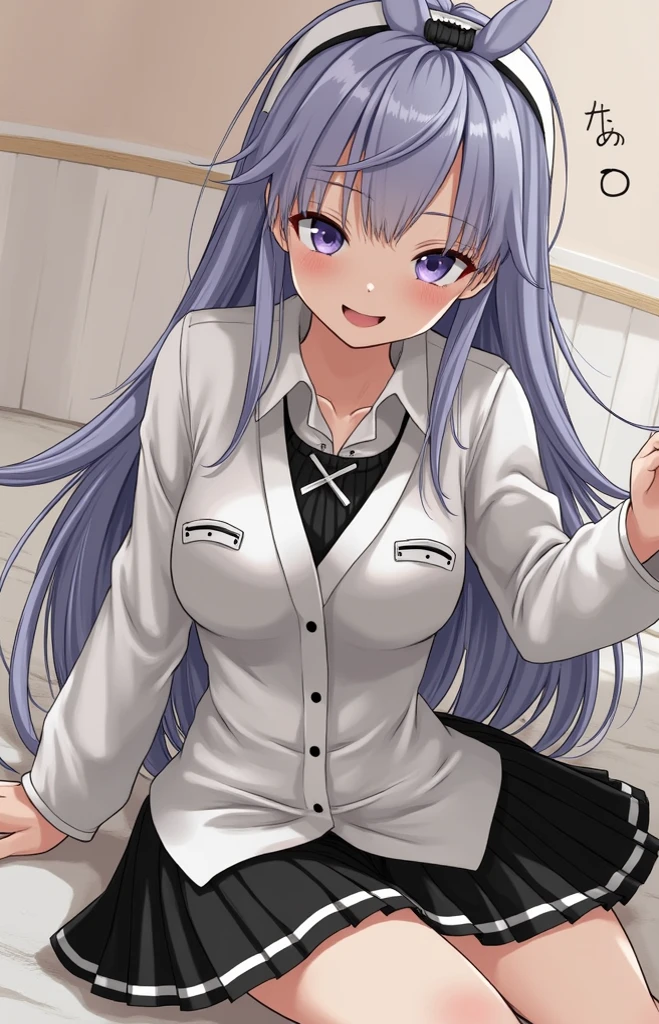 high quality, Intricate details, Very detailed, (Shiny white skin:1.3), Straight, Game CG, Face Focus, One girl, smile, (Heterochromia iridis: Red and Blue),Purple Hair,  Double braided triangular bun, A Tale of Twins, Medium Hair, Colorful jacket, White jacket, Purple Jacket, Purple Pencil Skirt, Purple Mini Skirt, Black Loafers, Large loose socks, big loose socks, asymmetry loose socks,, wave hands, Hands placed on the table, present, Naked with pussy and nipples exposed