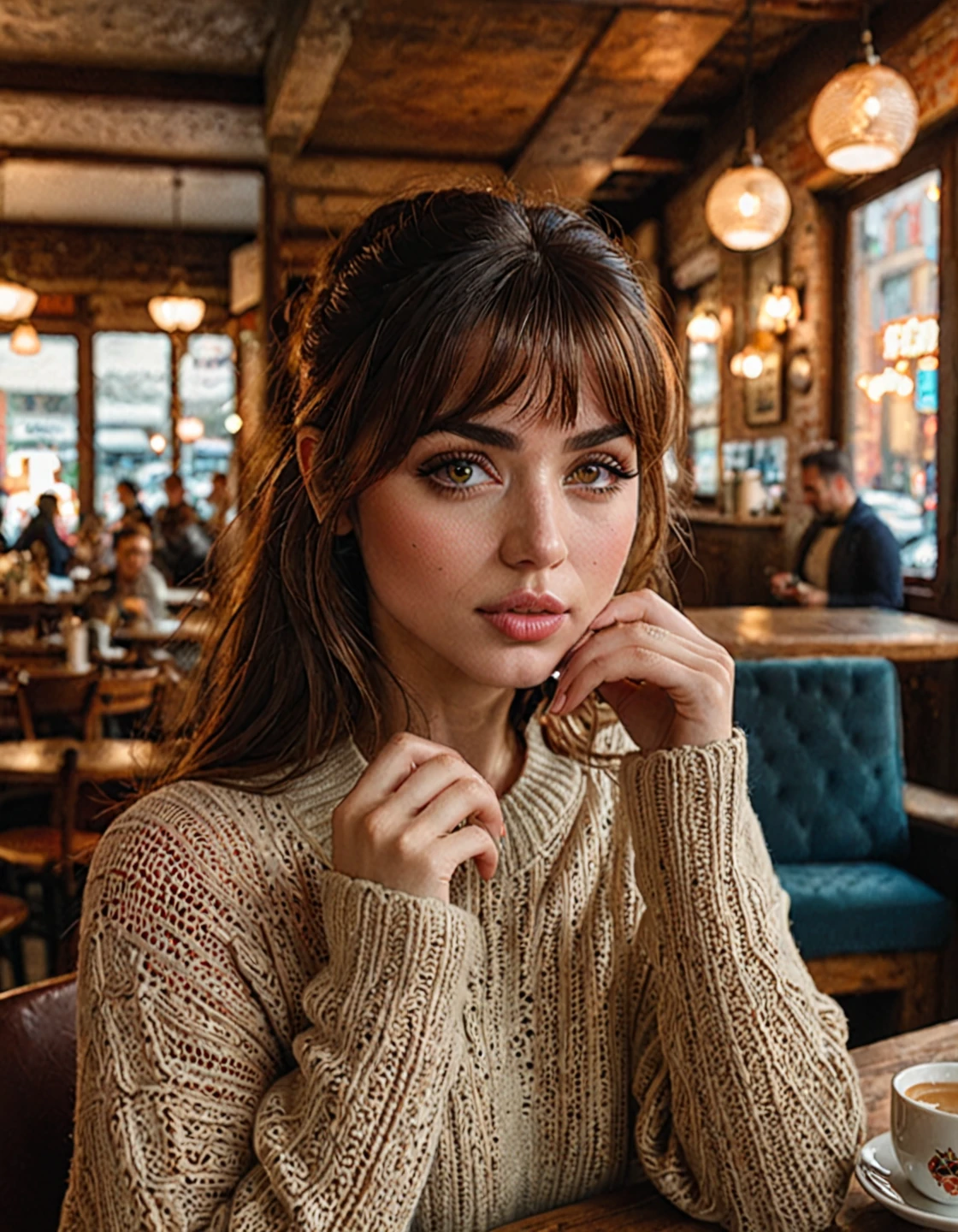 woman j0i,20 years , Красивые  detailed eyes,  beautiful lips in detail , чрезвычайно  detailed face,  long lashes, girl with bangs,  cozy coffee shop interior , a woman is sitting at a table, holding a cup of coffee, In a sweater and jeans,  better quality ,4K,8 thousand., high definition,masterpiece:1.2),  overdetailed ,(  realistic ,photo  realistic ,photo-  realistic :1.37), detailed face,  detailed eyes,detailed lips,beautiful  detailed face,  with beautiful detailed skin  ,beautiful  detailed eyes,beautiful detailed lips,  long lashes ,  soft lighting ,warm tones,  cinematic lighting ,  contrasting light  ,Very detailed,photo  realistic ,concept art,  studio lighting