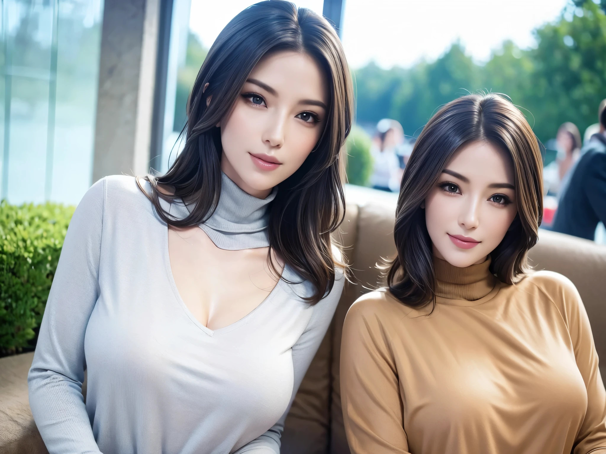 a beautiful young woman in a casual outfit, medium length hair, lady bikers, detailed face, alluring eyes, full lips, large bust, turtle neck t-shirt, leather jacket, outdoor date setting, soft lighting, warm colors, photorealistic, 8k, cinematic, beautiful detailed eyes, beautiful detailed lips, extremely detailed face and eyes, long eyelashes, intricate clothing textures, elegant posing, warm smile, romantic atmosphere