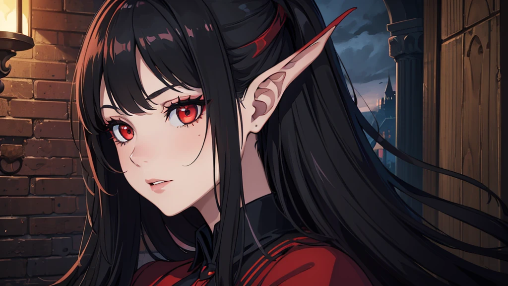 High quality image, best quality, extremely detailed CG Unity 8k, wallpaper, masterpiece, ultra-detailed, superfine illustration, beautiful and detailed face, beautiful and detailed eyes, one person, a beautiful vampire girl with long black hair and red eyes wearing a black gothic dress with red props in a medieval castle at night, full body art.