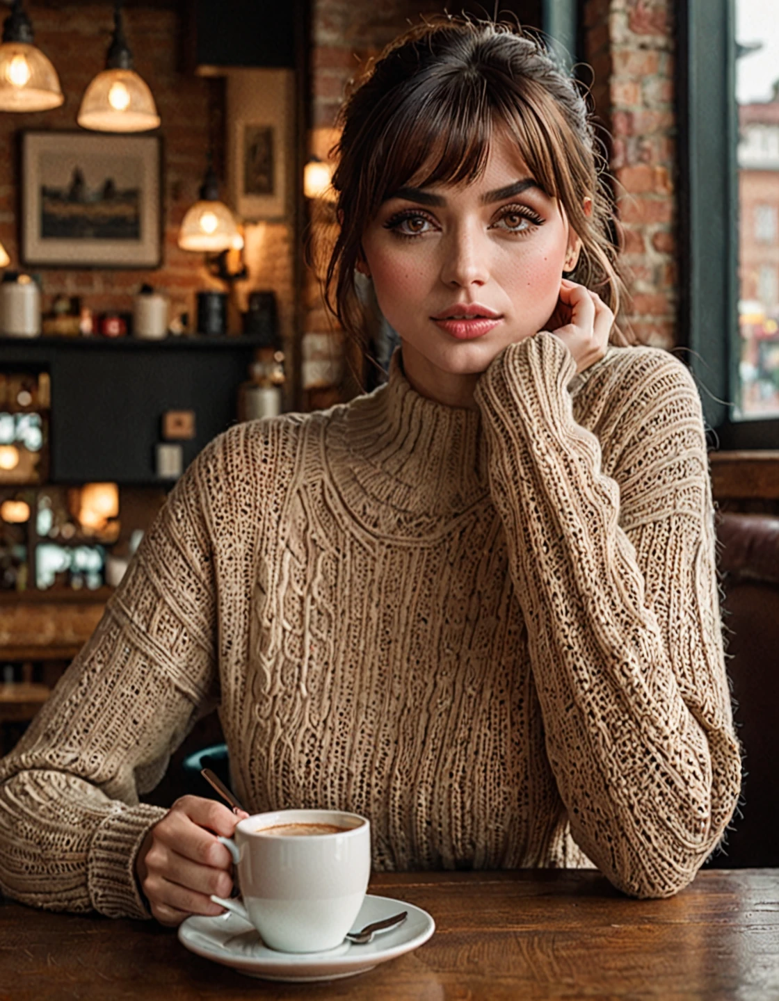 woman j0i,20 years , Красивые  detailed eyes,  beautiful lips in detail , чрезвычайно  detailed face,  long lashes, girl with bangs,  cozy coffee shop interior , a woman is sitting at a table, holding a cup of coffee, In a sweater and jeans,  better quality ,4K,8 thousand., high definition,masterpiece:1.2),  overdetailed ,(  realistic ,photo  realistic ,photo-  realistic :1.37), detailed face,  detailed eyes,detailed lips,beautiful  detailed face,  with beautiful detailed skin  ,beautiful  detailed eyes,beautiful detailed lips,  long lashes ,  soft lighting ,warm tones,  cinematic lighting ,  contrasting light  ,Very detailed,photo  realistic ,concept art,  studio lighting