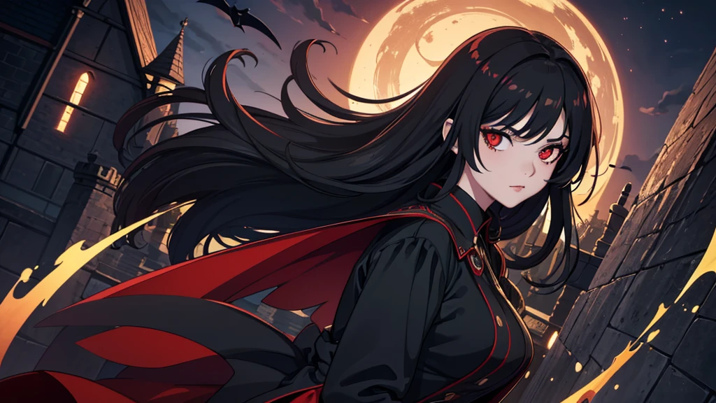 High quality image, best quality, extremely detailed CG Unity 8k, wallpaper, masterpiece, ultra-detailed, superfine illustration, beautiful and detailed face, beautiful and detailed eyes, one person, a beautiful vampire girl with long black hair and red eyes wearing a black gothic dress with red props in a medieval castle at night, full body art.