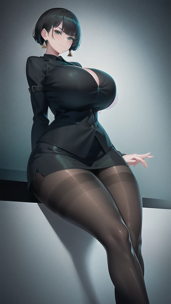 SFW, (Matte texture), sitting down, 1 Secretary to support the viewer, ALLMIND, smug, naughty smile, (black hair), (short bob), earring, (green eyes), (tall and slim), (sensual body), (stocky build), (gigantic huge breasts), (extremely thick thigh), gigantic huge hip, narrow waist, (business suit, black shirt, Fastened buttons, tight skirt:1.2), (Pantyhose:1.5),  (cyberspace background), masterpiece, high quality, high detail