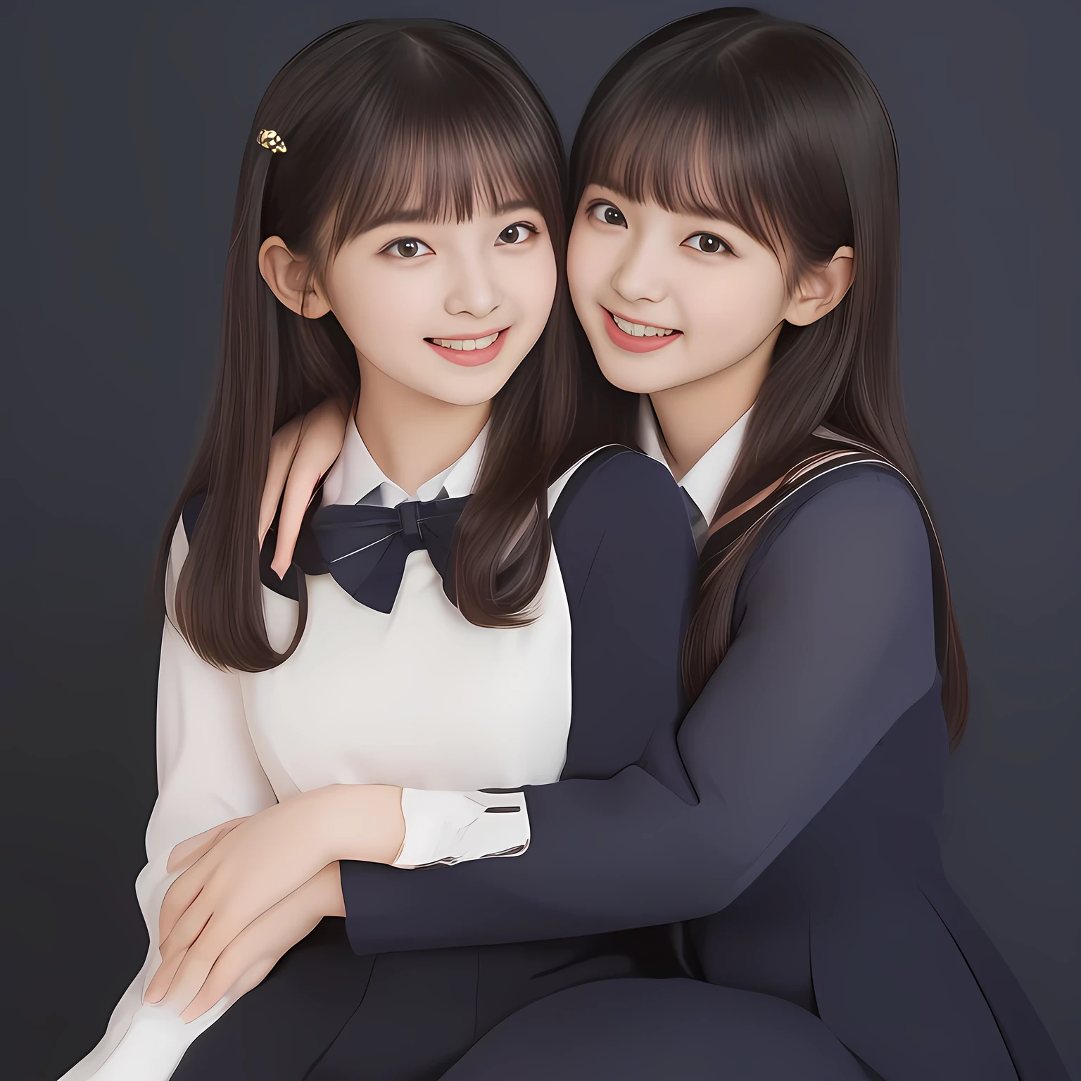 (Highest quality, masterpiece:1.2), Highest quality, High resolution, 1080P, 8k, (Two 13yo Japanese slender 清楚美少女アイドル are seated and give strong subliminal sexual invitation and temptation, undressing navy uniform, cute skirt with beautiful knees, looking at the viewer, can't stop showing cute smile open mouth because of feeling the viewer too ridiculous, very white-white face, very proud of her long straight black hair, using face-whitening cosmetics, 13yo 美少女's eyes, Small pupils, laughing giggling most open mouth, too expensive navy sailor-styled school uniform, well-straitened super-long well-trimmed long hair, evenly neatly trimmed girly cute bangs: 1.5), (Laughing blushed cheeks with dimples), (Well-balanced, impressive, very intelligent, double-eyelids, black shining large eyes of 13yo 美少女 with detailed: 1.5), ((Beautiful well-figured glossy opened laughing lips: 1.2)), (mature breast), (The viewer is forced to madly kiss her breast ribbon), (Very beautiful, super-glossy, cute neat black amazingly long hair, straight well-done long hair-style: 1.3), (plain blue background: 1.6), (((Completely balanced beautiful big cool eyes: 1.3))), (eyes, face and hair are especially beautifully detailed and beautifully drawn: 1.5), (She makes the viewer drink her love ribbon: 1.2), (the viewer become crazy and can't stop bursting and running every liquid to 清楚美少女, 美少女 is surprised : 1.7), (School uniform, too-cute slender 13歳 super-long-hair Japanese 美少女 idol twins are laughing at me and unties the breast button and make the viewer drink it: 2.0), (Super long hair super-beautiful 美少女 super-cute face navy-sailor-suit school-uniform pretty slender 美少女 of 美少女 photo magazine in the 1990s: 2.0), (Atmosphere and all the symbols are cleverly devised traps to force the viewer fall quickly into eternal deep deep unreal sexual pleasure of beautiful girl's inevitable embrace hypnosis: 2.0)