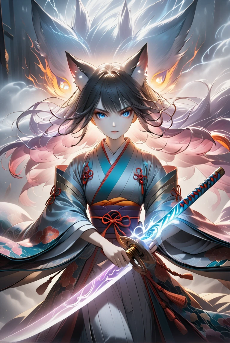  Mysterious Female Fox  (Fox Spirit )  Wielding a Long Magical Sword ,  Fog Clears Every Strong Strike 、 shrouded in fog blocking the view ,   A vivid, otherworldly scene emerges ,  Clarity and Haze of Sword Strikes ,   mystical background,  Her Clear Yet Strong Eyes {x} The Fox's sharp gaze nails the eye of the viewer,  A Mysterious Layer of Fog Enveloping the Foreground ,  Her Clear Yet Strong Eyes ,  Intricate and Detailed Kimono ,   Dramatic Lighting and Colors  