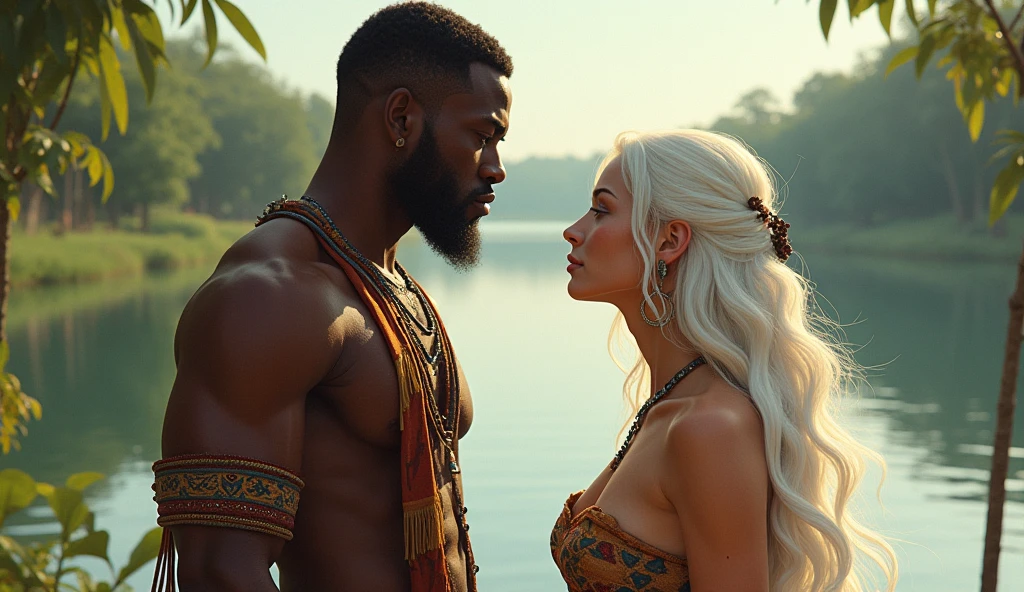 A muscular young rebellious and wild black male werewolf monster (afro) bald and bearded man side by side with a beautiful exuberant and perfect young white woman, blonde haired ariana, very long detective, Policerman, investigator in uniform and armed traveling through a forest at night running courageously together facing the shadow monsters in an incredible hunt against the dangerous monster Wendigo