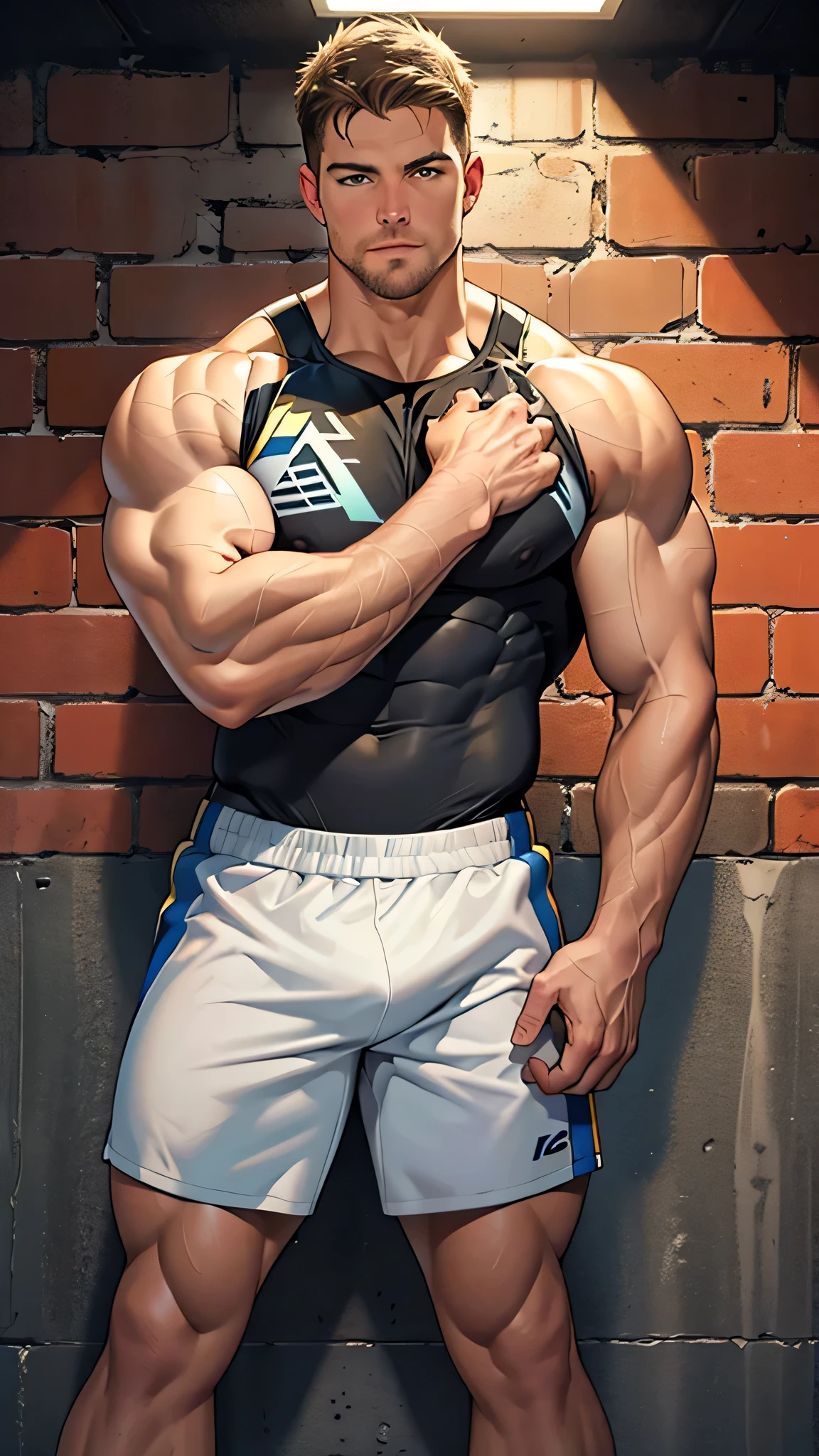 (Best quality,Half body photo) ,, ((( 25 year old muscular man with closed eyes, hands tied behind his back with iron chains))) Standing,muscular man,,hairy armpits Pubic hair,(wearing a ripped T-shirt: 1.5) hands tied behind the back with an iron chain connected to the wall,Asian muscular bodybuilding champion (((no hair) )),((( black wall background ))),handsome man Smooth and delicate skin, delicate skin, big nipples, very detailed eyes and eyelashes. muscular man Be a man, be a man