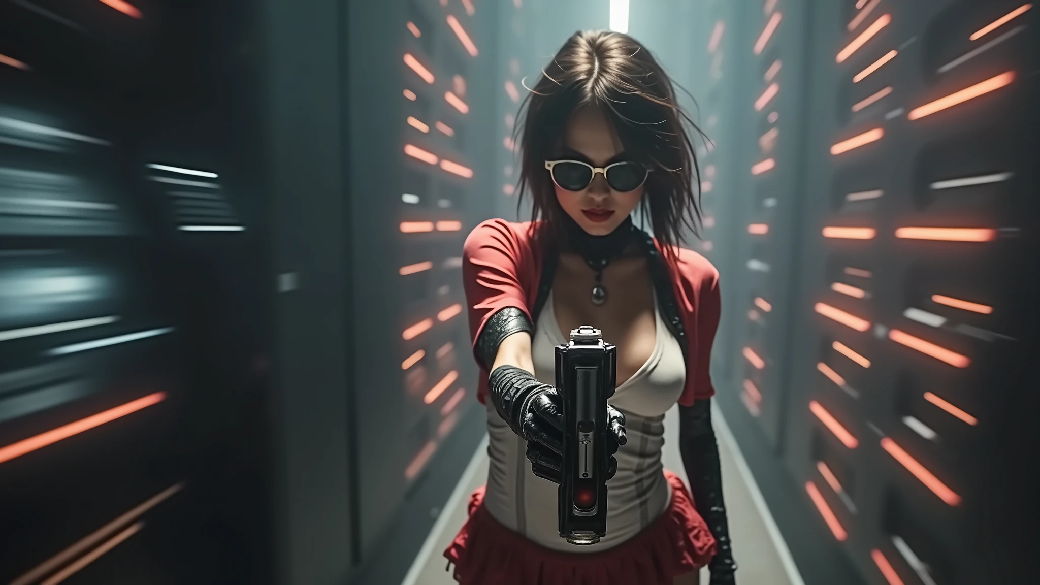 (((At night, ((very dark sunset sky)), (((1girl, solo))), a western woman, photo realistic, large-breast:1.2 slim body, cleavage, off tube top, short pleated miniskirt, standing on rooftop, (((matrix style black sunglasses))), (((aiming towards viewer with a short:0.8 pistol))), half-body thigh level medium:1.2 shot))). In the background, simple aerial view of a sci-fi futuristic city, neon light, (((flying vehicle speeding towards viewer))).