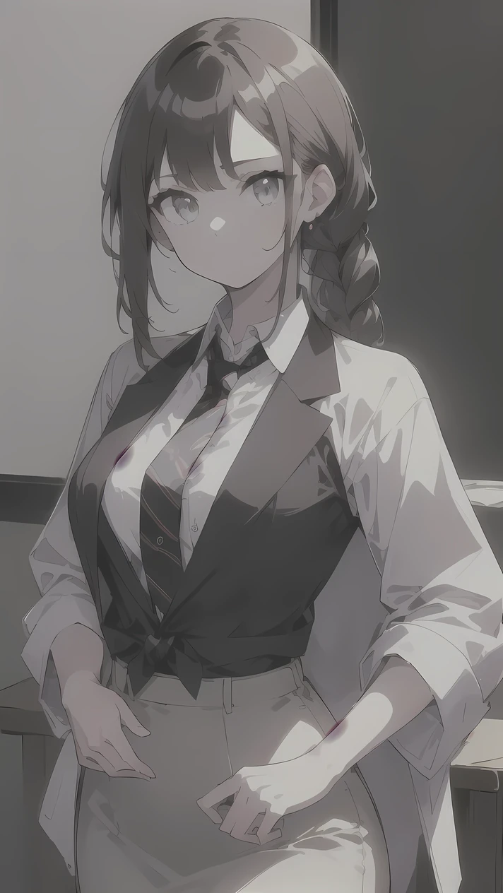 (((Best quality, 8k, Masterpiece: 1.3)), ((best quality)), ((masterpiece)), (detailed), perfect face, perfect body, (detailed skin:1.3), (intricate details), low-braided long hair, Paisley tie, grey suit, Administrative Assistant, White-Collar Worker, brown jacket and pencil skirt