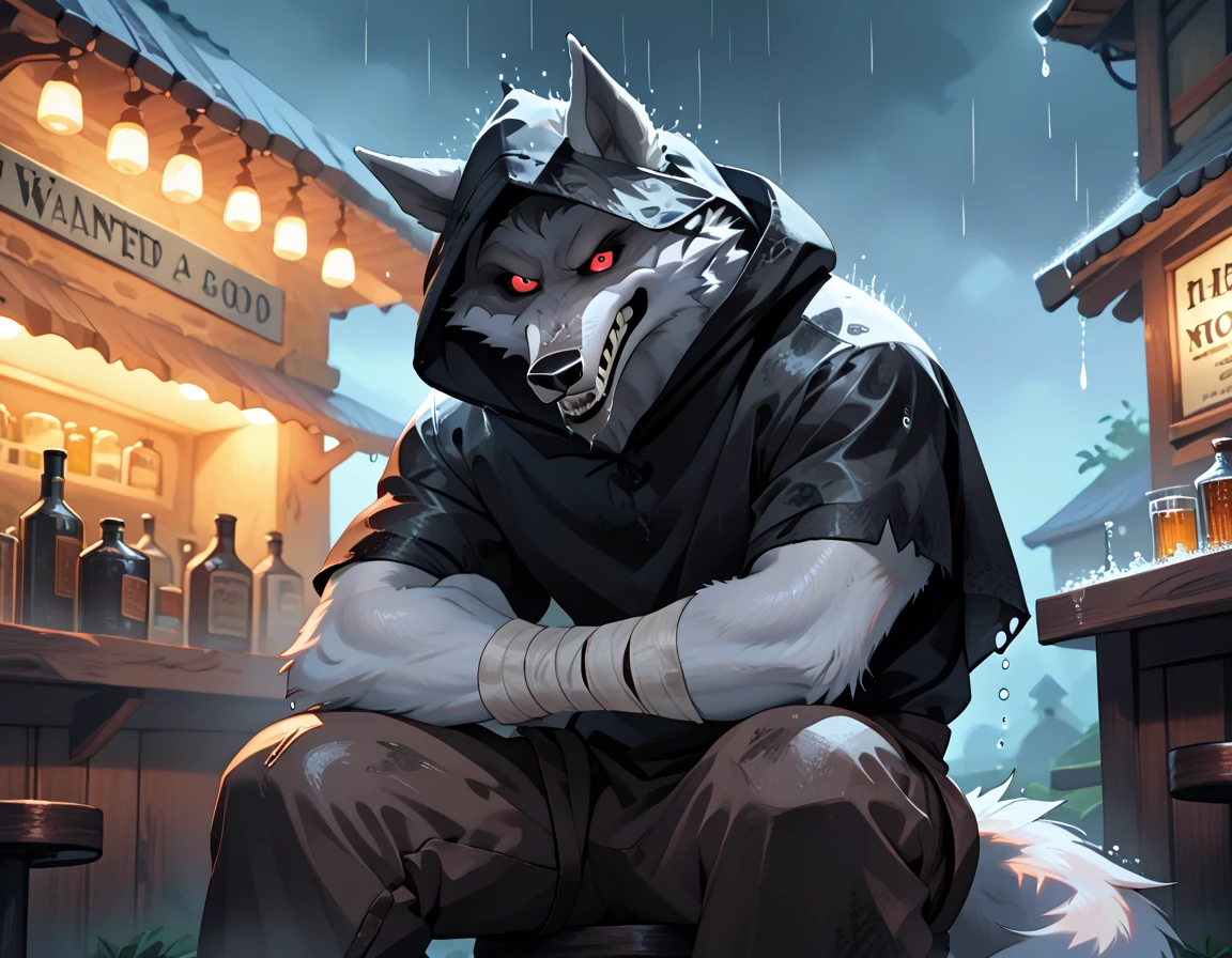 solo male, detailed background, Sitting down, Bar, Holding wanted poster, soaked wet, Raining outside, Night time, an anthropomorphic, silvery-white wolf with an elongated snout, gray mask-like markings on his face, sharp teeth, and glaring, sinister red eyes. He wears a black poncho with a built-in hood, and brown trousers. He also has brownish-gray wraps around his wrists and calves.
