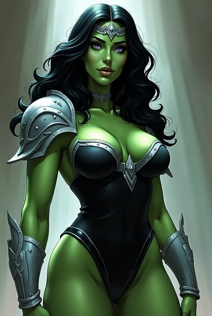 A beautifully detailed painting in the style of classic fantasy artists such as Frank Frazetta, Julie Bell, Boris Vallejo, and Brom. Kari is a striking and formidable female warrior with green skin, radiating an aura of both beauty and power. Her dark black hair flows in thick waves, contrasting sharply with her emerald complexion. She wears a sleek black leotard with silver trim that accentuates her muscular physique, along with long black boots and fur-fringed shoulder pads that add to her imposing presence. A silver tiara rests on her brow, framing her detailed face with its narrow, piercing lavender eyes. Her eyes are highlighted by long black eyelashes, black lipstick, and blue eyeshadow, giving her an intense and captivating look. Kari stands confidently, her posture exuding readiness for battle, her stance wide and powerful. Every detail of her appearance, from the exquisite textures of her armor to the realistic rendering of her features, captures the essence of a classic fantasy heroine, blending beauty with lethal strength. 

