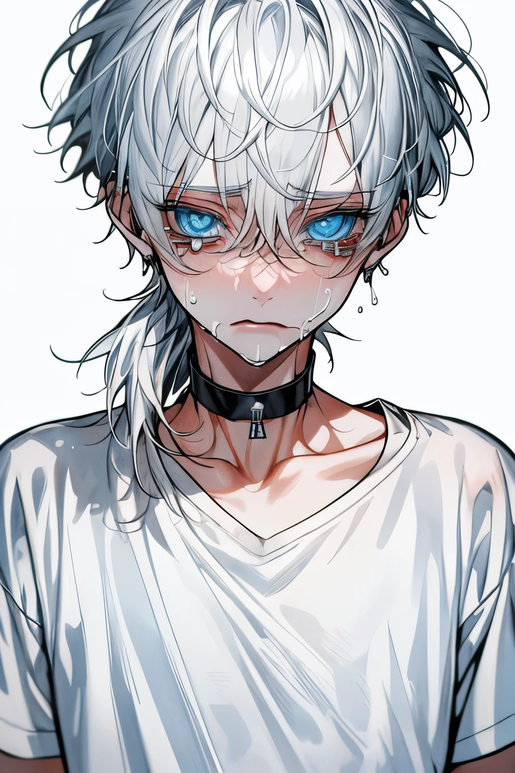 Top Quality, masterpiece, high resolution, 8k, male, white hair, sky blue eyes , White T-shirt, white background with nothing, crying face, black choker inside the lab, sweat, bands , band-aid