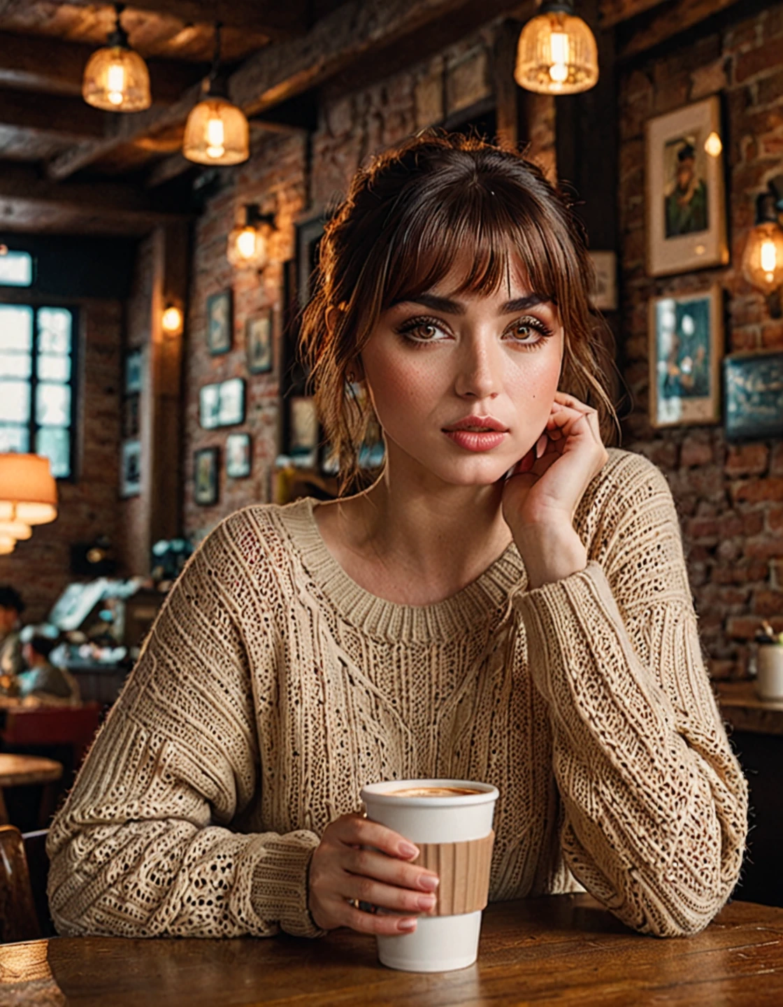 woman j0i,20 years , Красивые  detailed eyes,  beautiful lips in detail , чрезвычайно  detailed face,  long lashes, girl with bangs,  cozy coffee shop interior , a woman is sitting at a table, holding a cup of coffee, In a sweater and jeans,  better quality ,4K,8 thousand., high definition,masterpiece:1.2),  overdetailed ,(  realistic ,photo  realistic ,photo-  realistic :1.37), detailed face,  detailed eyes,detailed lips,beautiful  detailed face,  with beautiful detailed skin  ,beautiful  detailed eyes,beautiful detailed lips,  long lashes ,  soft lighting ,warm tones,  cinematic lighting ,  contrasting light  ,Very detailed,photo  realistic ,concept art,  studio lighting