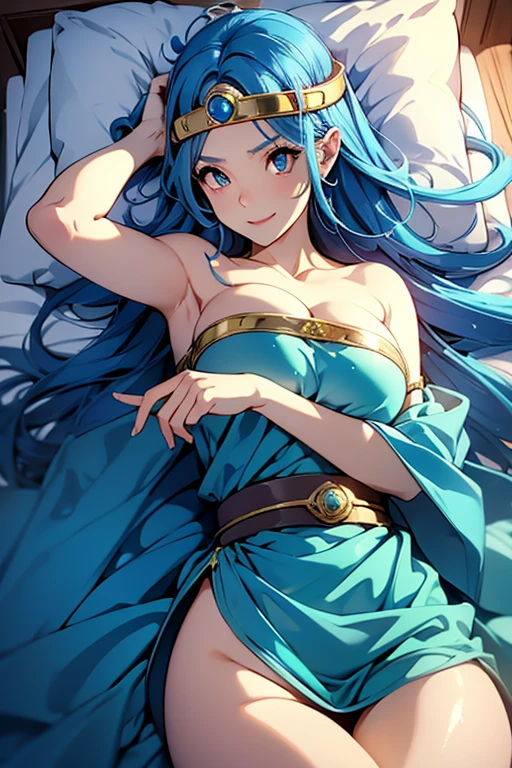  best quality, sage,  Dragon Quest 3 , Blue Hair, Attach a gold ring with a gemstone embedded in it to your forehead,  IN BED,　 lying on your back ,   crotch,  (( smaller breasts)). smile,  open her mouth 