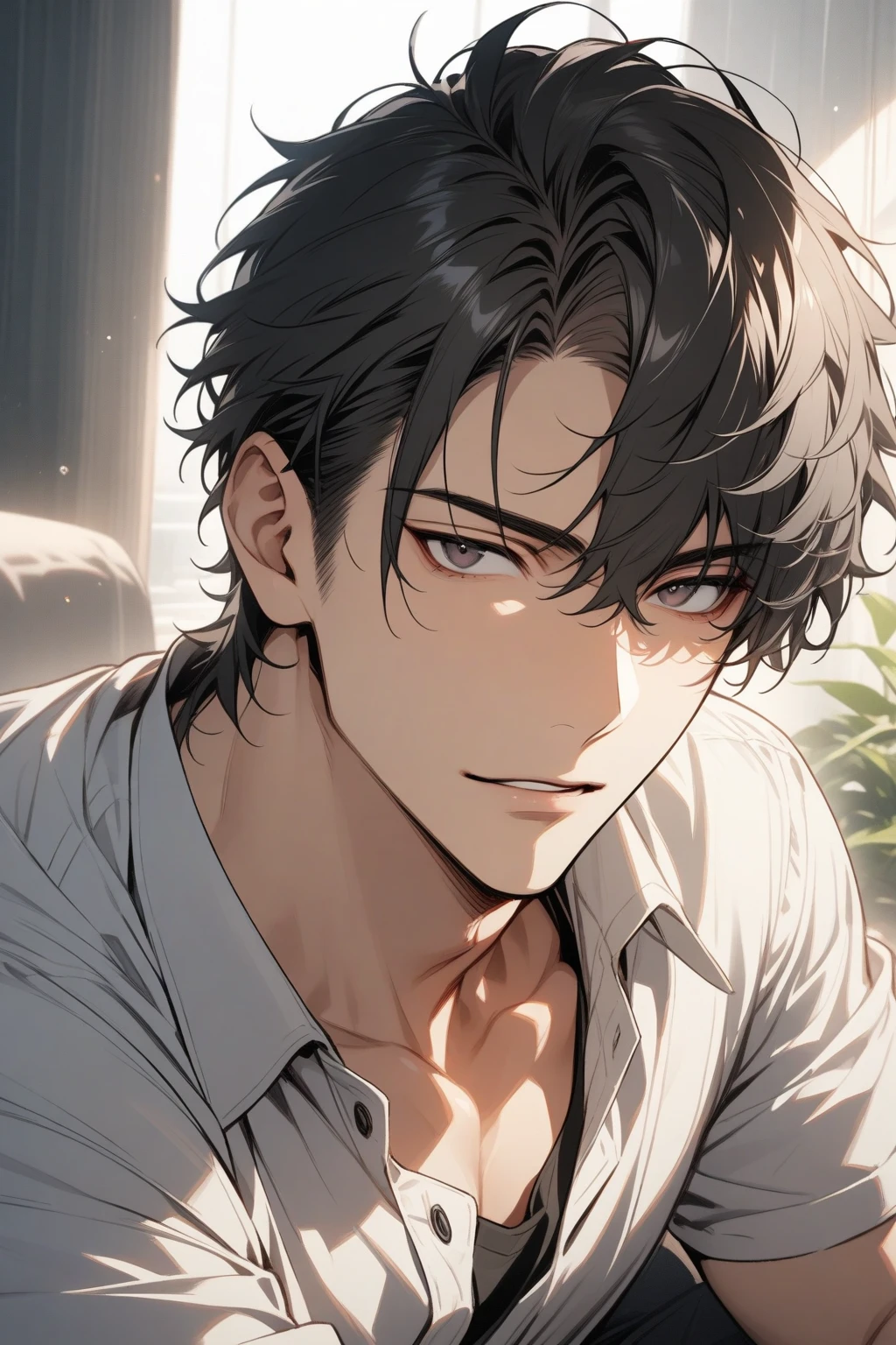 Man, handsome, short black hair, dark eyes, shirt