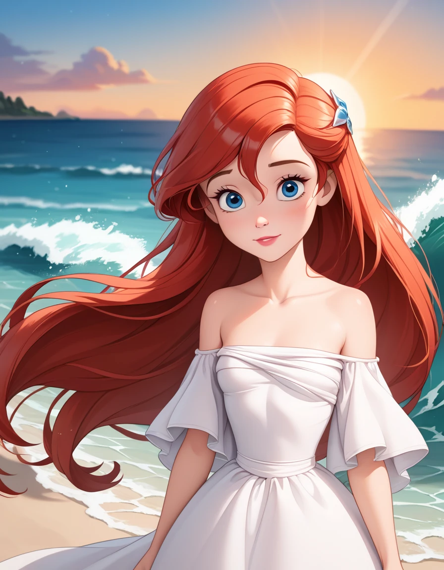 score_9, score_8_up, score_7_up, DisneyAriel, 1girl, red hair, blue eyes, long hair, looking at viewer, on a white strapless off the shoulders ruffle maxi dress, standing on the beach, waves gently lapping at the shore, vibrant sunrise with pink and orange hues, relaxed and contemplative atmosphere, upper body