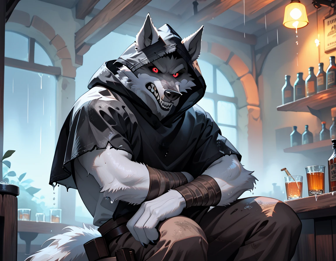 solo male, detailed background, Sitting down inside bar room, Bar, Holding wanted poster, soaked wet, Raining outside window, Night time, an anthropomorphic, silvery-white wolf with an elongated snout, gray mask-like markings on his face, sharp teeth, and glaring, sinister red eyes. He wears a black poncho with a built-in hood, and brown trousers. He also has brownish-gray wraps around his wrists and calves.
