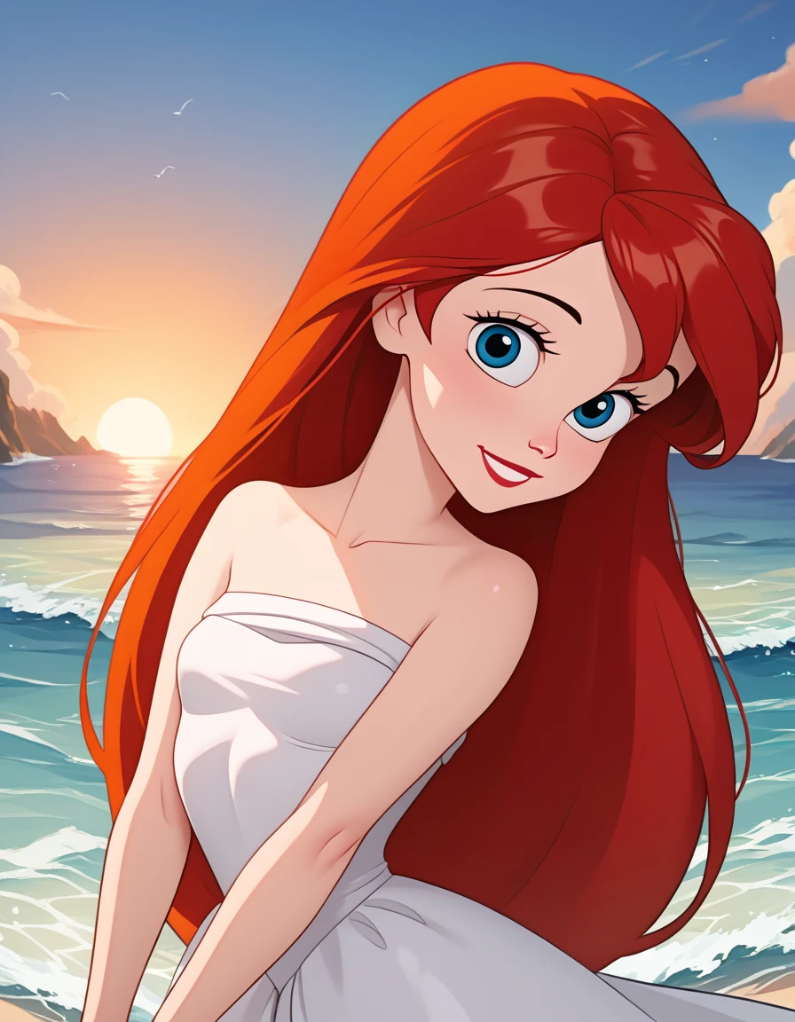 score_9, score_8_up, score_7_up, DisneyAriel, 1girl, red hair, blue eyes, long hair, looking at viewer, on a white strapless off the shoulders ruffle maxi dress, standing on the beach, waves gently lapping at the shore, vibrant sunrise with pink and orange hues, relaxed and contemplative atmosphere, upper body, smile