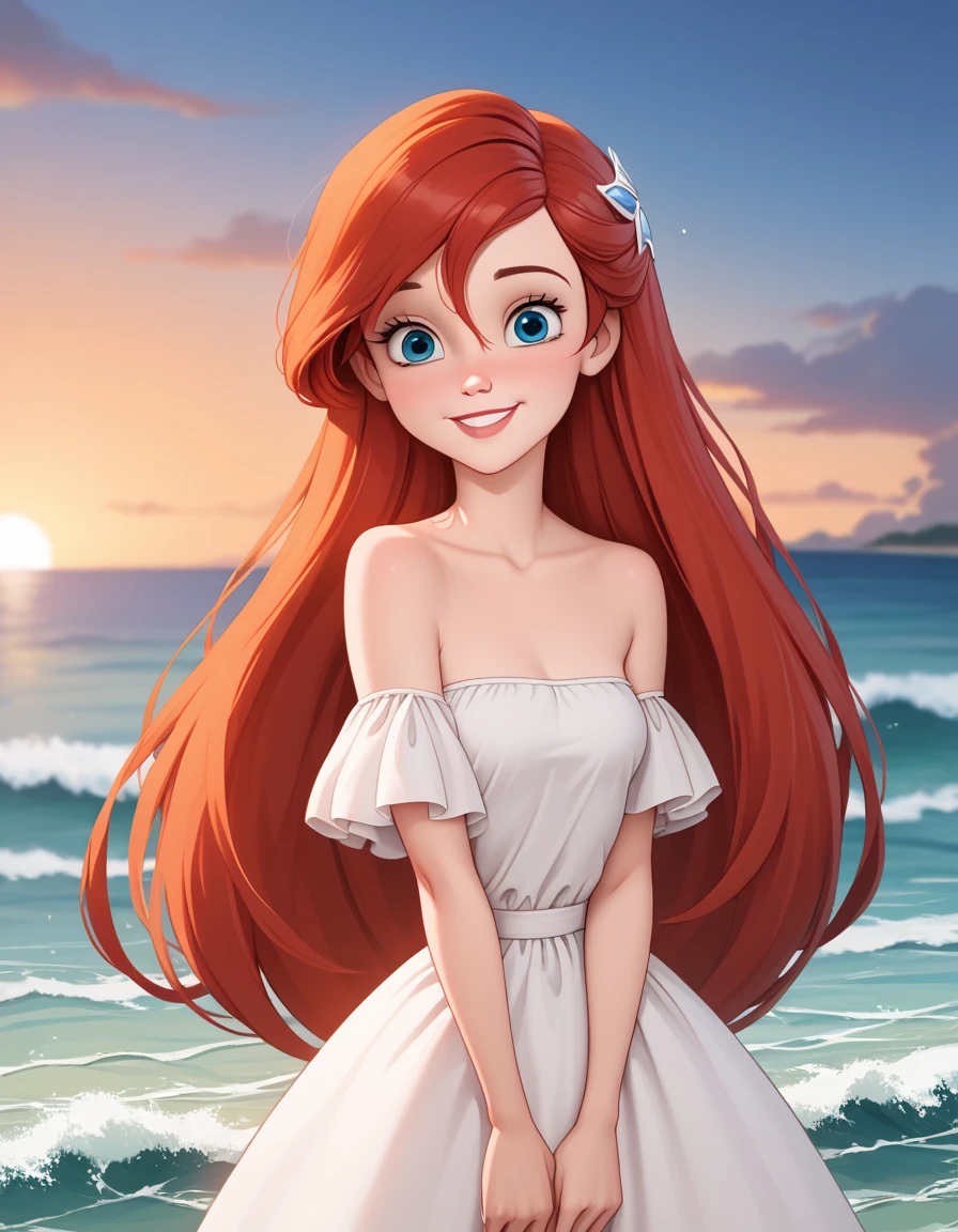 score_9, score_8_up, score_7_up, DisneyAriel, 1girl, red hair, blue eyes, long hair, looking at viewer, on a white strapless off the shoulders ruffle maxi dress, standing on the beach, waves gently lapping at the shore, vibrant sunrise with pink and orange hues, relaxed and contemplative atmosphere, upper body, smile