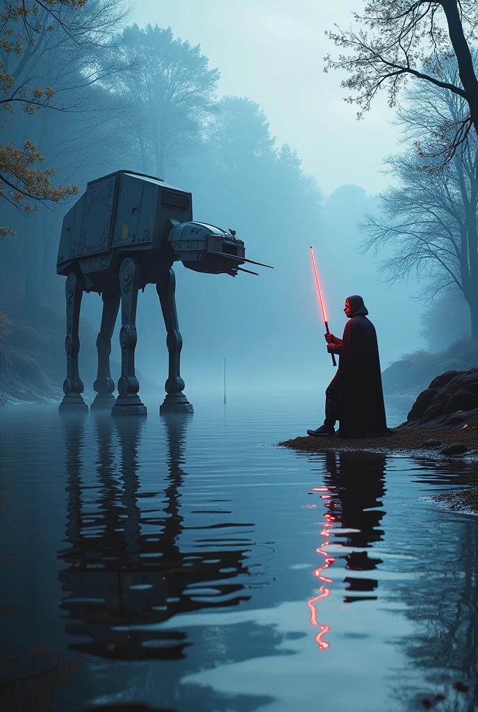 A serene lake in a futuristic fantasy setting,depicting Darth Vader and Kylo Ren fishing peacefully.The scene is filled with ethereal light and magical elements,with a realistic portrayal of the characters and their surroundings.The atmosphere is tranquil and enchanting,showcasing the beauty of nature and the unique presence of these iconic figures.AT-AT Walker,Tie Fighter,masterpiece,best quality,ultra detailed,8k portrait,highly detailed,highly detailed background,very detailed background