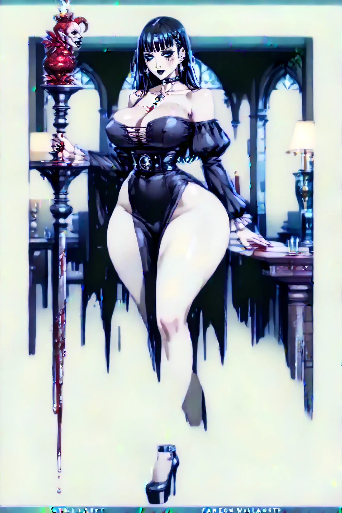 absurdrez, ((best quality)), ((masterpiece)), (detailed), dark gothic horror style, Halloween style, very small goblin girl, ((green skin)), pointy ears, (short purple hair with black streaks pixie hairstyle), aloof expression, bright red eyes, superior attitude, sassy, smug, wearing ornate open boudoir robe, full body, elegant, beautiful, dynamic pose, cinematic still, detailed eyes, in a gothic bedroom, wearing black and red jewelry, delicate, dark, dim lighting, backlit, rimlight, detailed breasts, undressing, removing black lace gloves, taking off black lace gloves, visible breasts, sexy, sexy smile, visible nipples, visible breasts, wants sex, in bedroom, bed in background, sly smile, teasing, striptease, off shoulder, raising skirt