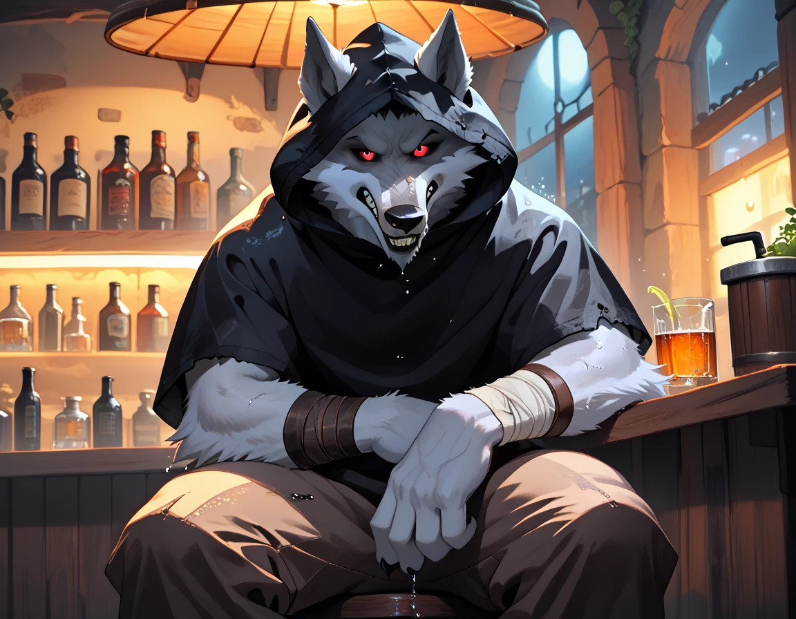 solo male, detailed background, Sitting down inside bar room, Bar, soaked wet, window, Night time, dark outside, an anthropomorphic, silvery-white wolf with an elongated snout, gray mask-like markings on his face, sharp teeth, and glaring, sinister red eyes. He wears a black poncho with a built-in hood, and brown trousers. He also has brownish-gray wraps around his wrists and calves.
