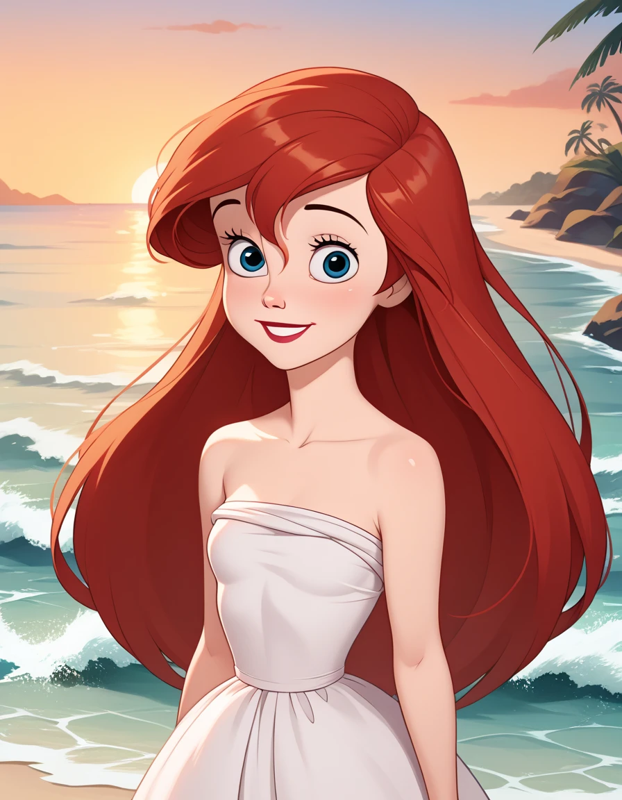 score_9, score_8_up, score_7_up, DisneyAriel, 1girl, red hair, blue eyes, long hair, looking at viewer, on a white strapless off the shoulders ruffle maxi dress, standing on the beach, waves gently lapping at the shore, vibrant sunrise with pink and orange hues, relaxed and contemplative atmosphere, upper body, smile