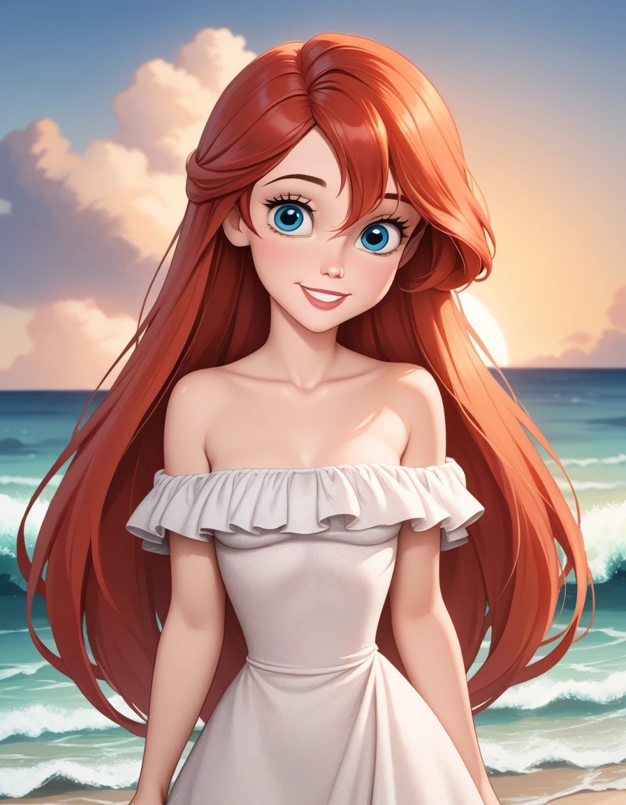 score_9, score_8_up, score_7_up, DisneyAriel, 1girl, red hair, blue eyes, long hair, looking at viewer, on a white strapless off the shoulders ruffle maxi dress, standing on the beach, waves gently lapping at the shore, vibrant sunrise with pink and orange hues, relaxed and contemplative atmosphere, upper body, smile