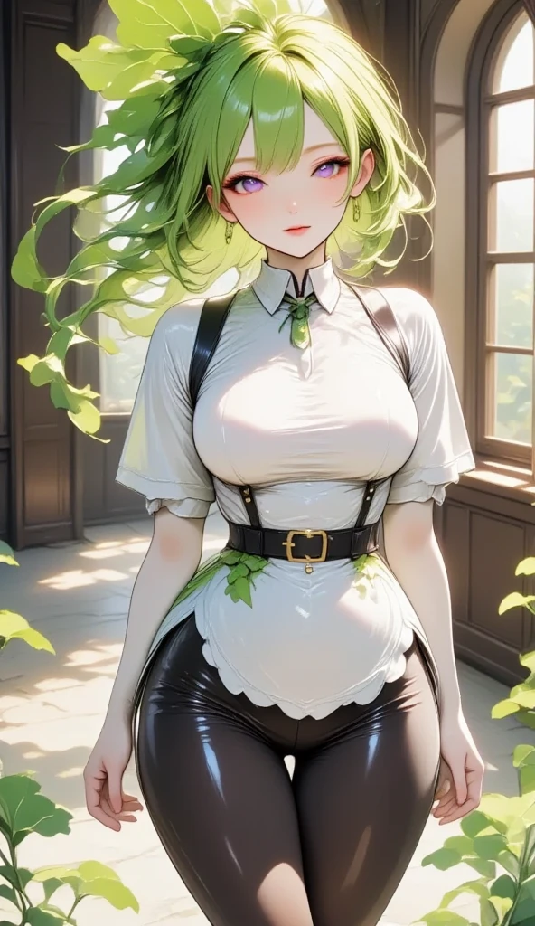  young beautiful woman in costume with white radish motif,( best quality, very detailed depiction , Incredibly Absurd High Resolution),(Black and white gothic maid outfit,Maid Skirt, corset,latex, black tights,White boots),(green hair like radish leaves :2.0,Purple Eyes, half closed his eyes :2.0, grumpy expression:2.0,Black lips:2.0,Heavy makeup, big breasts, shiny skin), full body image :2.0, side view:2.0,profile:2.0,background:Castle, Bright Atmosphere , dramatic lighting ,