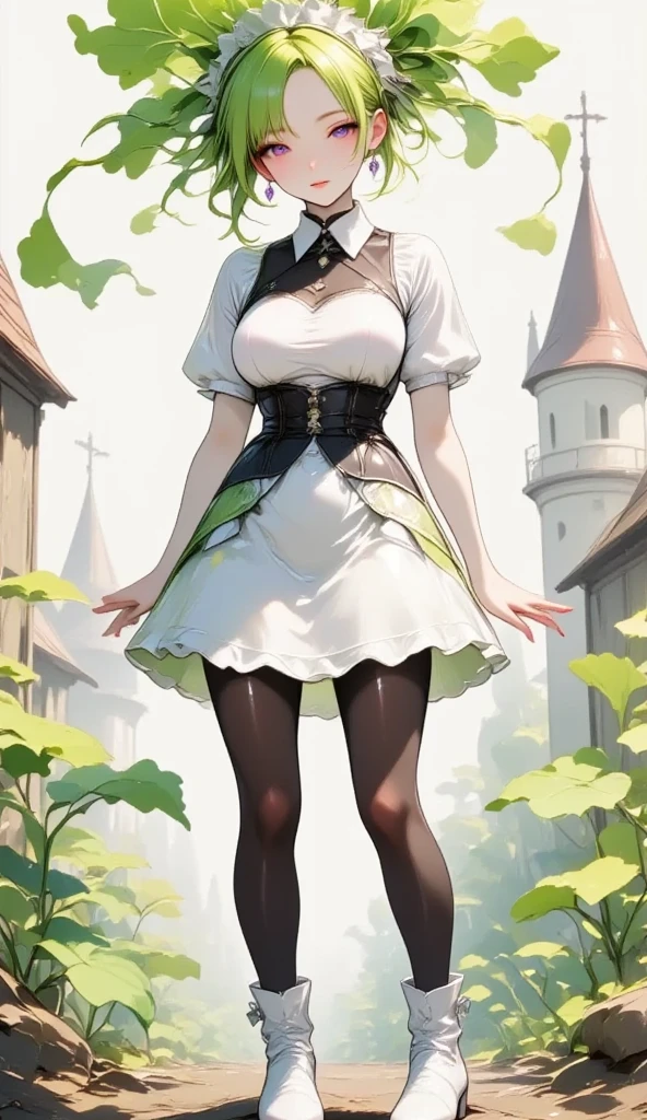  young beautiful woman in costume with white radish motif,( best quality, very detailed depiction , Incredibly Absurd High Resolution),(Black and white gothic maid outfit,Maid Skirt, corset,latex, black tights,White boots),(green hair like radish leaves :2.0,Purple Eyes, half closed his eyes :2.0, grumpy expression:2.0,Black lips:2.0,Heavy makeup, big breasts, shiny skin), full body image :2.0, side view:2.0,profile:2.0,background:Castle, Bright Atmosphere , dramatic lighting ,