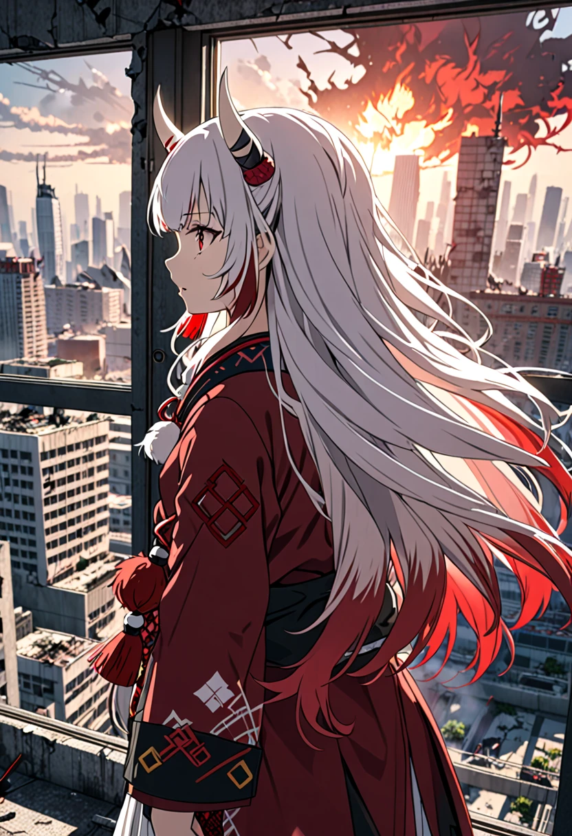 8K Ultra High-Quality, ultra-detailed, High quality, Nakiri ayame, white oni horns, long hair, side view, standing infront of window, modern bedroom, destroyed city background, burning background