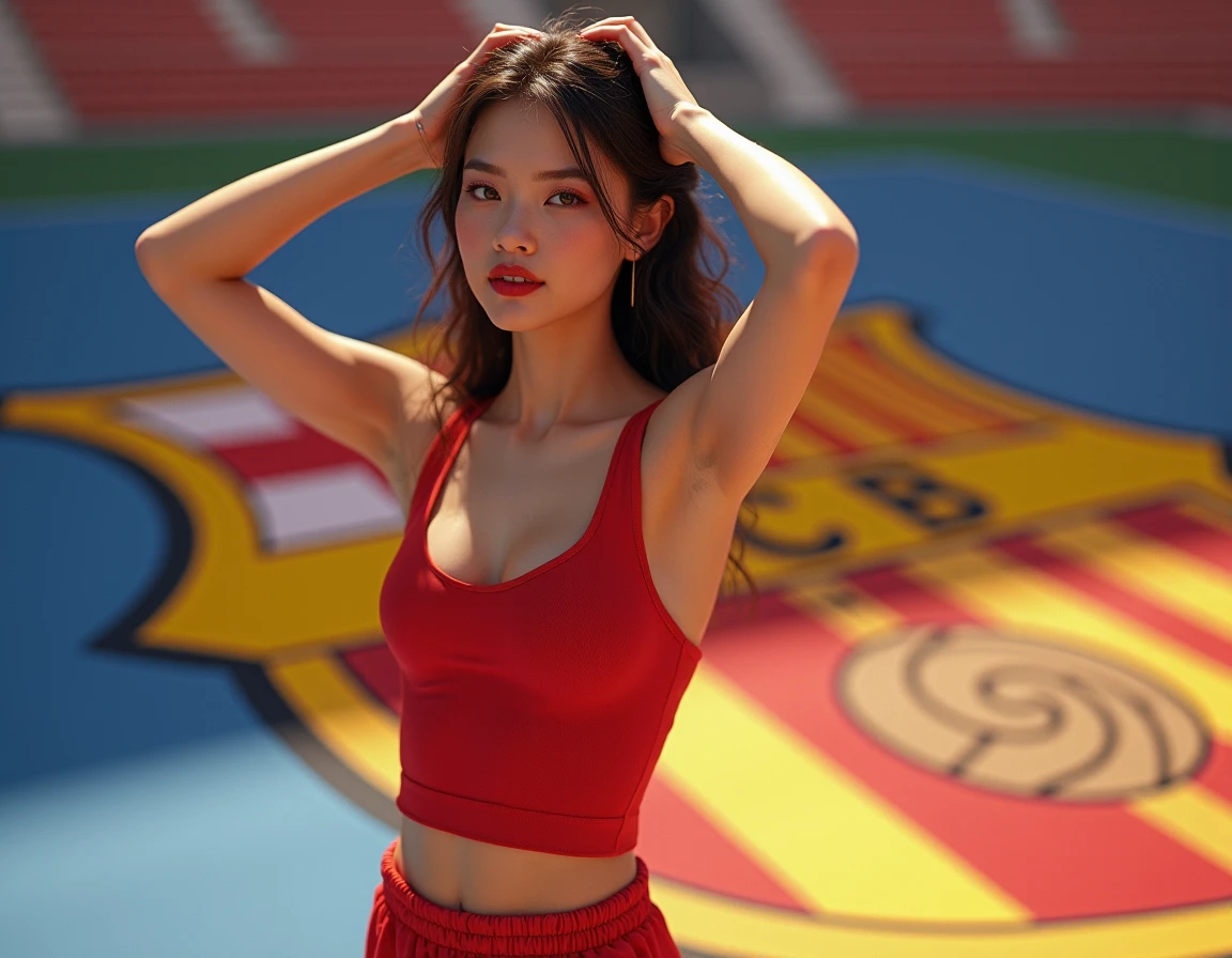 （realistic， high resolution：1.3）， 1 girl with a perfect body， Very detailed face and eyes，long hair， (red tank top：Liverpool Football Club player shirt 1.2)， short jeans， big girl，Revealing the cleavage, soccer ball in hand,(environment,Football Field)