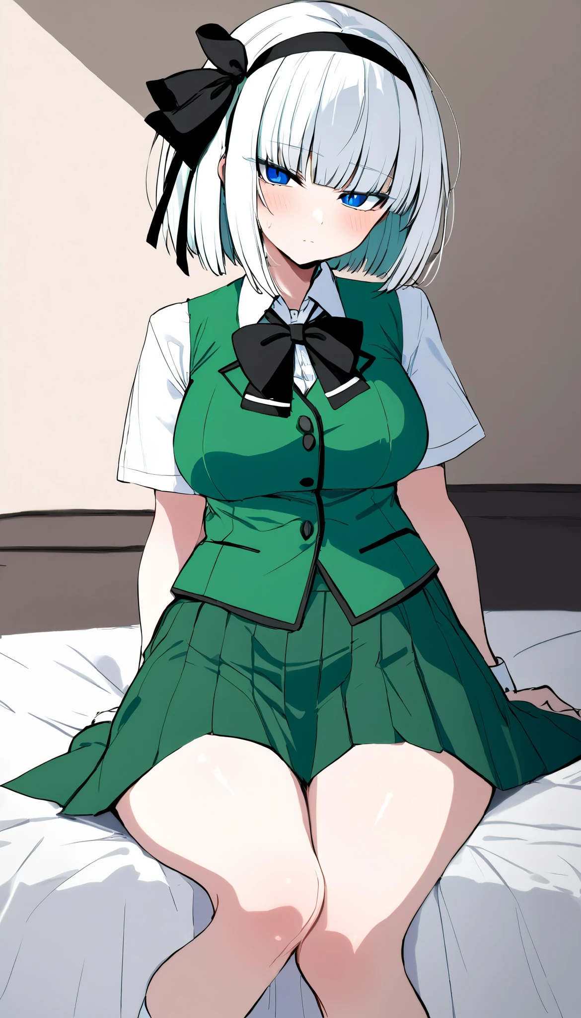 konpaku youmu, 1girl, white hair, short hair, blunt bangs, blue eyes, newest, highres, absurdres, highly detailed, best quality,
hairband, hair ribbon, black ribbon, black bowtie, white shirt, collared shirt, green vest, green skirt, socks, 
dim body, pointy breasts, curvy, no curves, narrow hips,
score_9, score_8_up, score_8,source_anime,