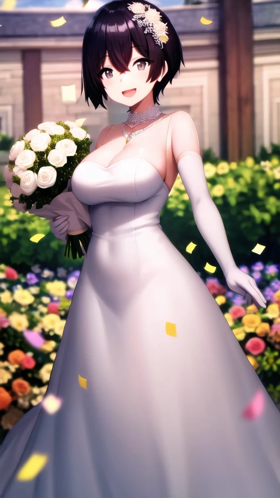 masterpiece, best quality, high quality, girl, solo, looking at viewer, cid_kagenou, black hair, black eyes, hair between eyes, large breasts, wedding Dress, standing, garden, confetti, holding bouquet, smile, open mouth,