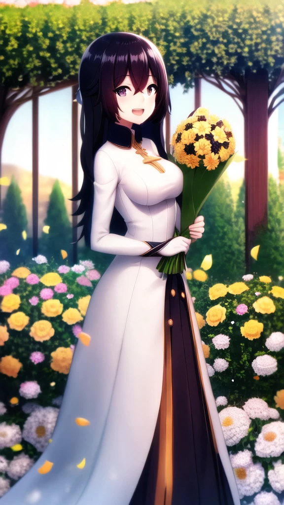 masterpiece, best quality, high quality, girl, solo, looking at viewer, cid_kagenou, black hair, black eyes, hair between eyes, large breasts, wedding Dress, standing, garden, confetti, holding bouquet, smile, open mouth,