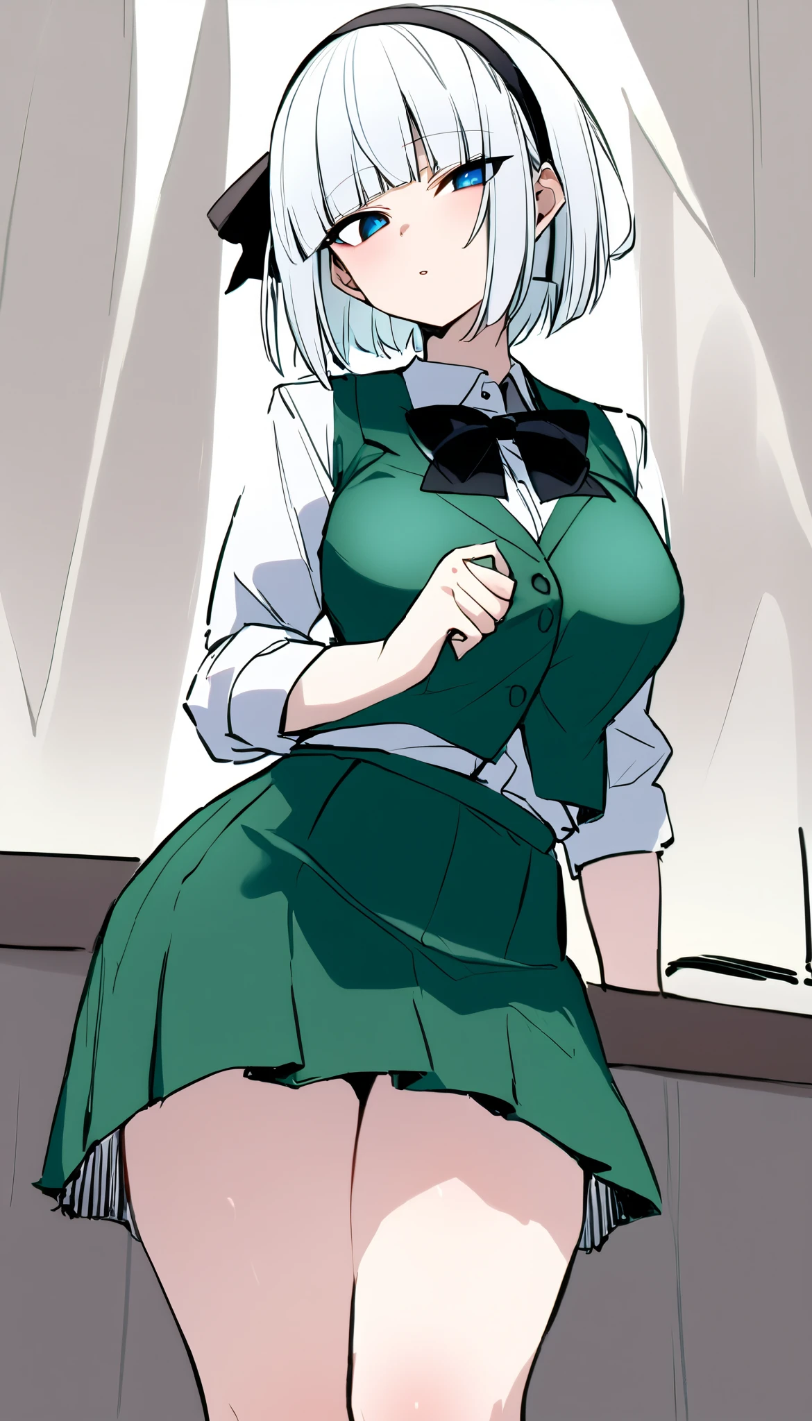 konpaku youmu, 1girl, white hair, short hair, blunt bangs, blue eyes, newest, highres, absurdres, highly detailed, best quality,
hairband, hair ribbon, black ribbon, black bowtie, white shirt, collared shirt, green vest, green skirt, socks, 
dim body, pointy breasts, curvy, no curves, narrow hips,
score_9, score_8_up, score_8,source_anime,