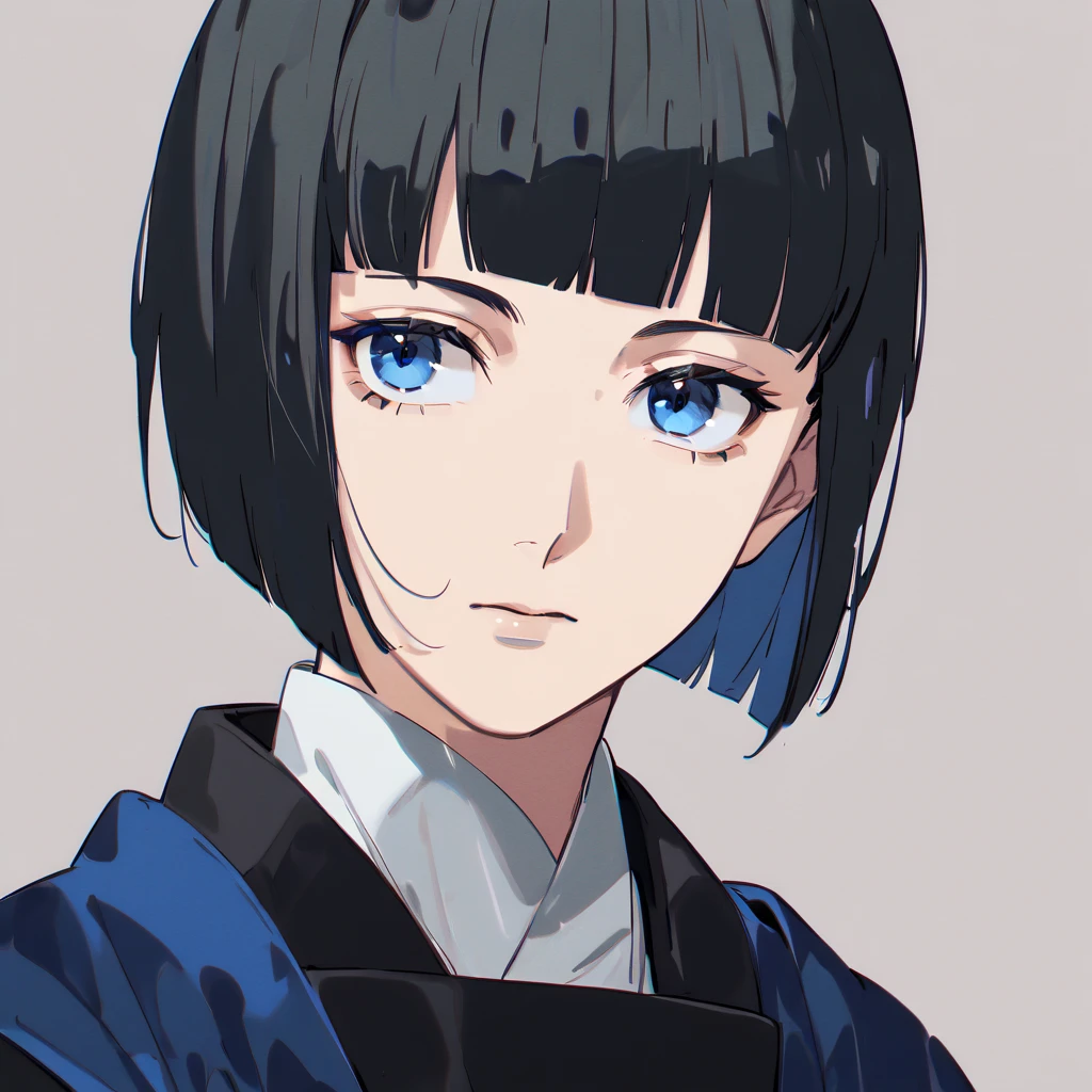 japanese, male, bob cut, layered bob cut, black hair, short bangs, straight bangs, blue eyes