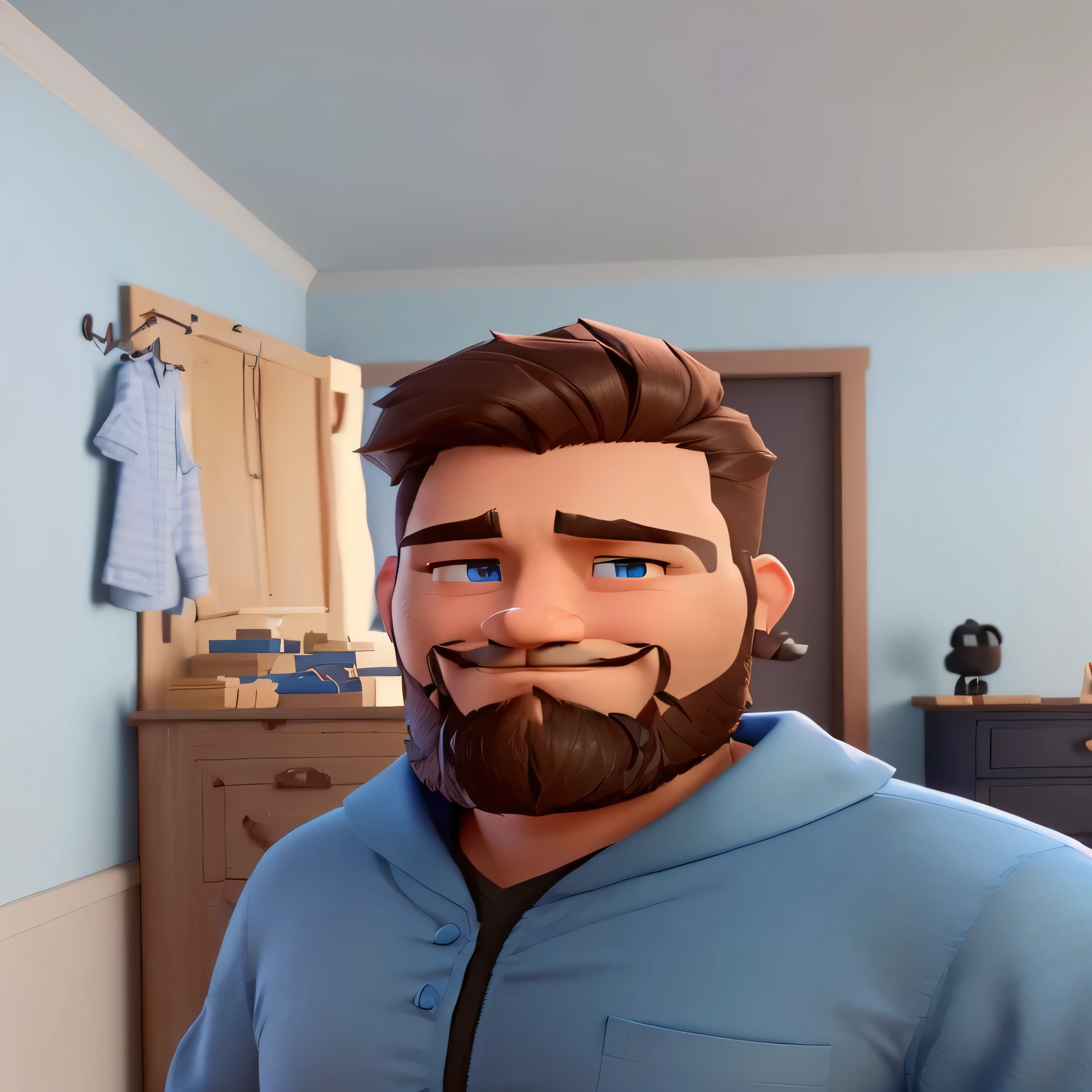  man with a small beard and a blue shirt in a blue room, close up character, animation style render, stylized character, stylized 3 d, stylized 3d render, realistic 3 d style, stylized as a 3d render, bryce 3 d style, 3d character, 3 d character, rendered in arnold, animation character, animated still