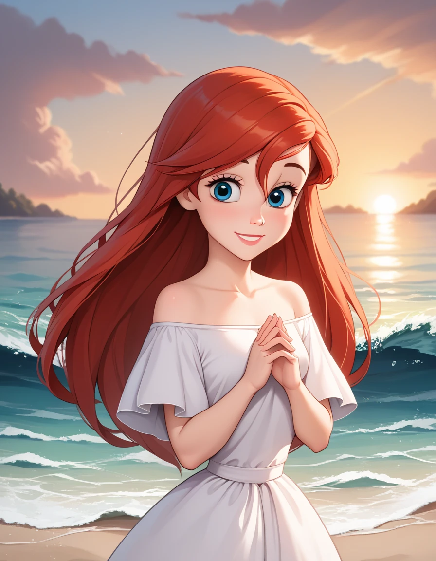 score_9, score_8_up, score_7_up, DisneyAriel, 1girl, red hair, blue eyes, long hair, looking at viewer, on a white strapless off the shoulders ruffle maxi dress, standing on the beach, waves gently lapping at the shore, vibrant sunrise with pink and orange hues, relaxed and contemplative atmosphere, upper body, smile, both hands together 