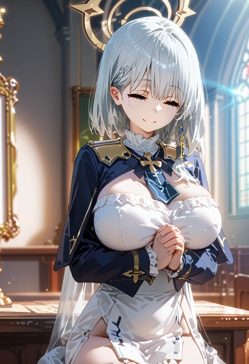  score_9,  score_8_up,  score_7_up,  score_6_up,  score_5_up,  score_4_up,  1 girl, beta,  shorthair,  white hair,  light blue eyes,  detailed eyes on board ,  huge breasts,,,, floox style, evaluation_Explicit, floox style,  high definition ,,,  expressive ,, perfect anatomy, masterpiece, Alone, Droopy eyes,  mole under her left eye , smile, (( from thigh up )), white high priestess(whole body), holylight, light rays, strong light coming in, deep shadows, church background, praying, kneelin, eyes closed,  is on her knees